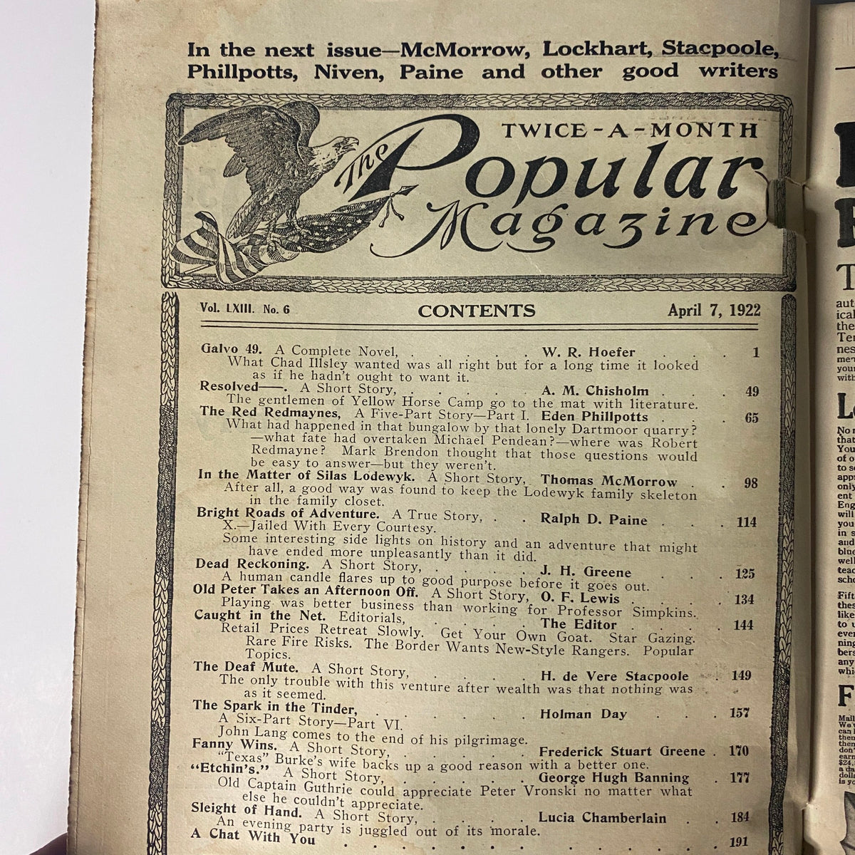 Interior page of The Popular Magazine April 7, 1922 displaying the table of contents, listing the featured works including 'Galvo 49' and 'The Red Redmaynes', known for its engaging early 20th-century fiction.