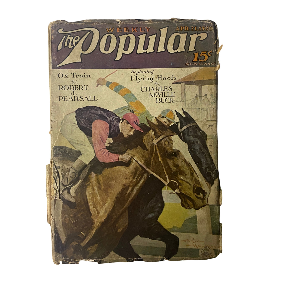 Cover of The Popular Magazine dated April 21, 1928 featuring the title 'Ox Train & Flying Hoofs' by Robert J. Pearsall and Charles Neville Buck, depicting a horse race scene.