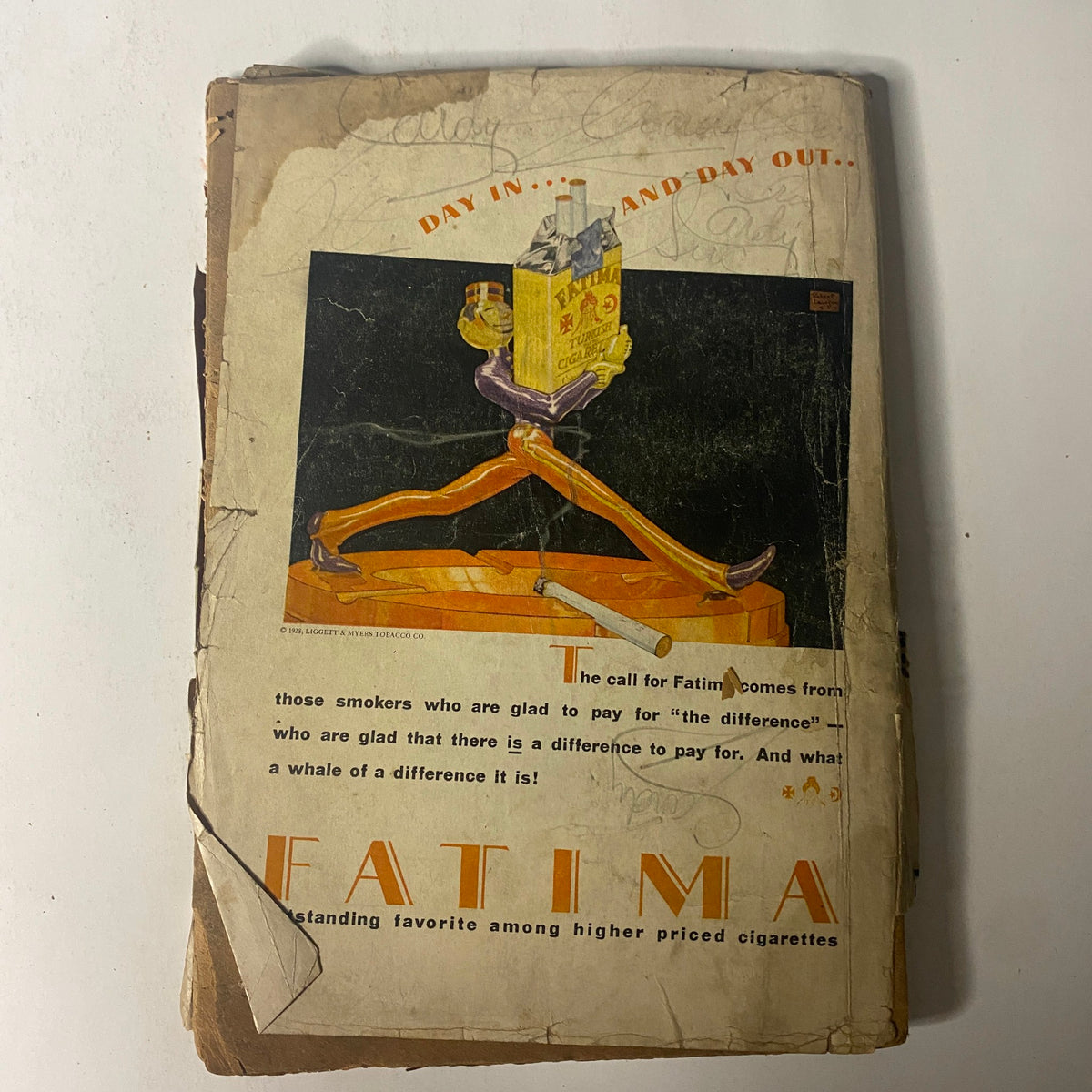 Cover of The Popular Magazine dated April 21, 1928, featuring an advertisement for Fatima cigarettes, showcasing vintage design elements with a focus on nostalgia for pulp literature. This magazine is in acceptable condition with notable wear and tear.