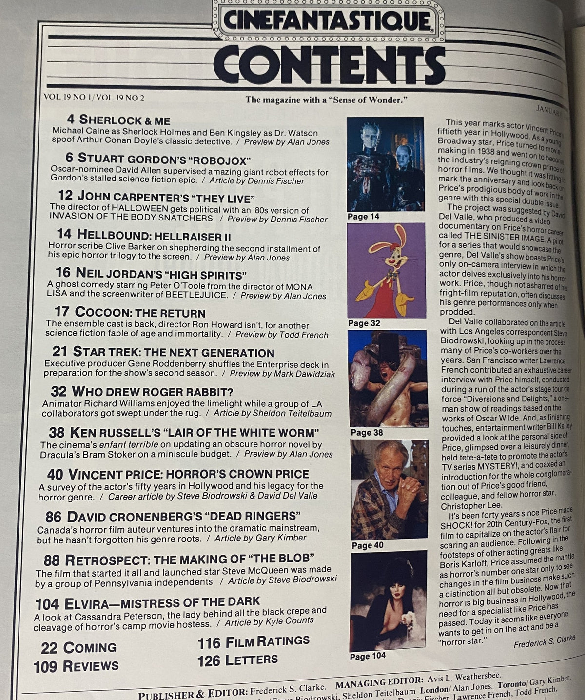 Table of contents from Cinefantastique Magazine January 1989, Volume 19, No. 1 & 2. Lists articles and features including 'Sherlock & Me', 'John Carpenter's They Live', and 'Vincent Price: Horror's Crown Prince'.