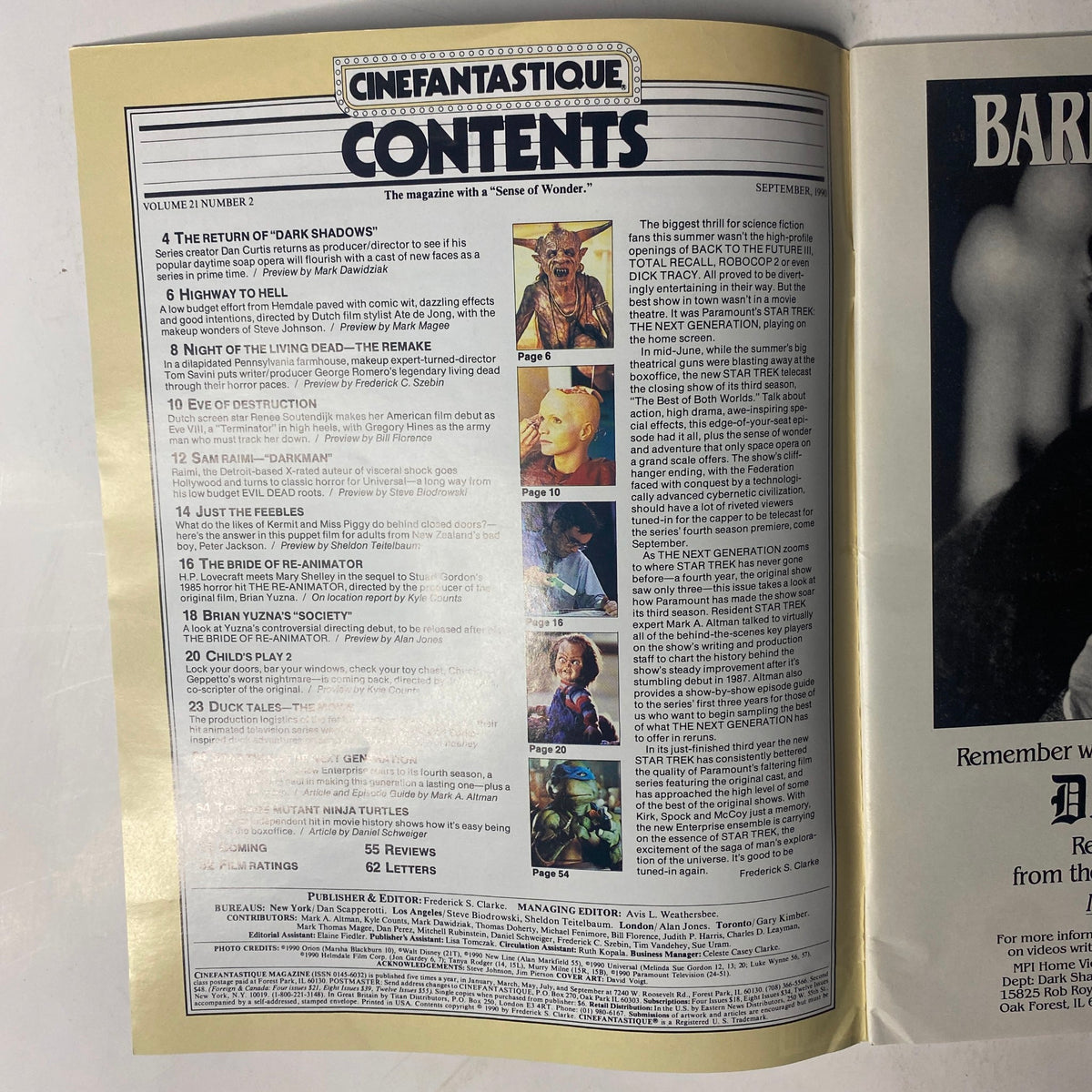 Table of contents of Cinefantastique Magazine, September 1990, detailing featured articles including Star Trek: The Next Generation, Night of the Living Dead remake, and Teenage Mutant Ninja Turtles.