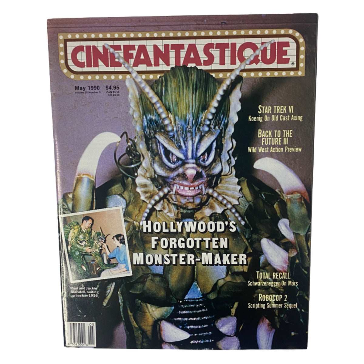 Cinefantastique Magazine May 1990 featuring a monster design cover with the headline 'Hollywood's Forgotten Monster-Maker'. The magazine highlights key articles on Star Trek VI, Back to the Future III, and Robocop 2.