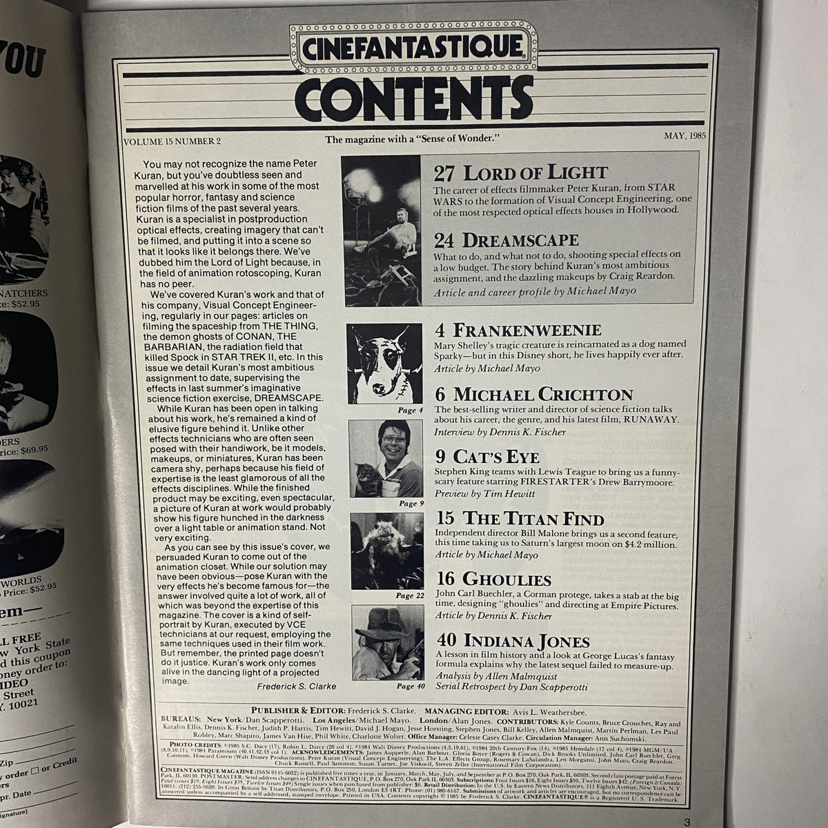 Table of contents from Cinefantastique Magazine May 1985, detailing articles on Lord of Light, Dreamscape, Frankenweenie, and more, highlighting Peter Kuran's contributions to film.