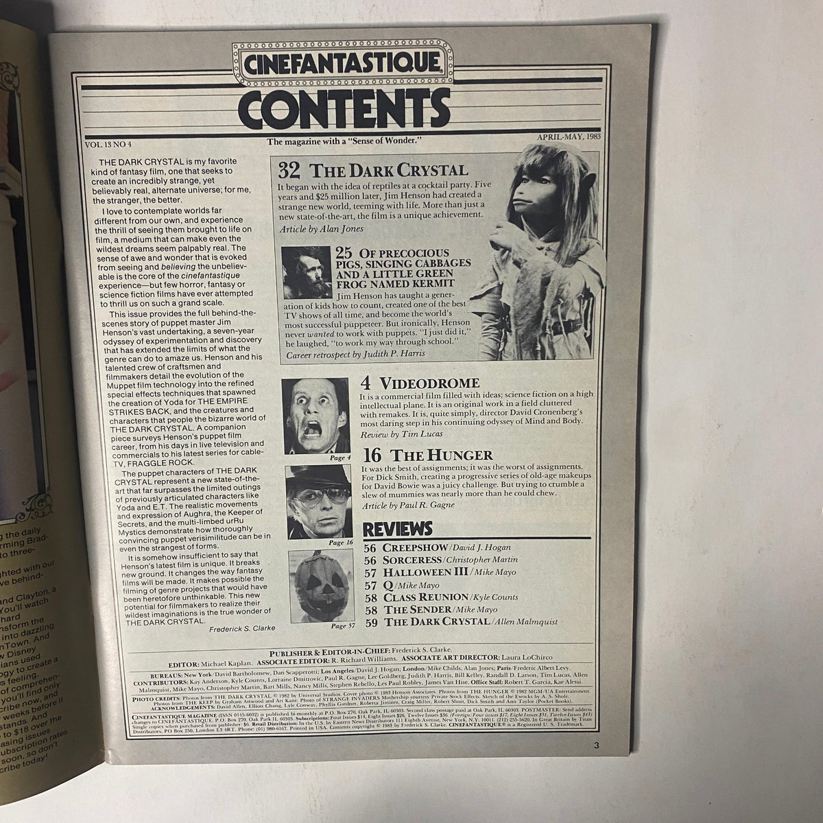 Inside contents page of Cinefantastique Magazine April 1983, detailing articles including Jim Henson: The Dark Crystal and reviews of notable films from that era.
