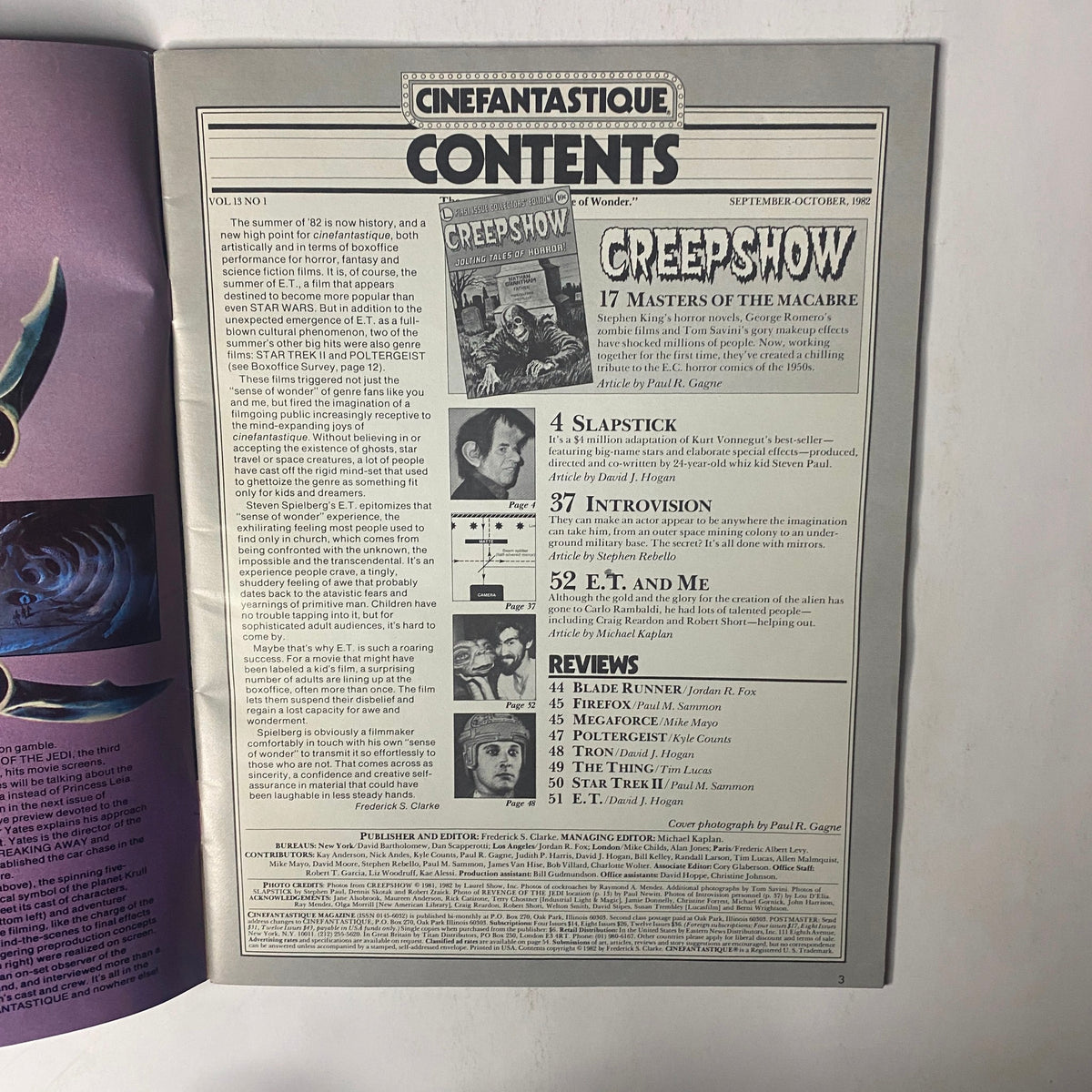 Table of contents from Cinefantastique Magazine September 1982 Vol 13 No. 1, featuring articles on 'Creepshow,' 'Slapstick,' 'Introvision,' and 'E.T. and Me'.