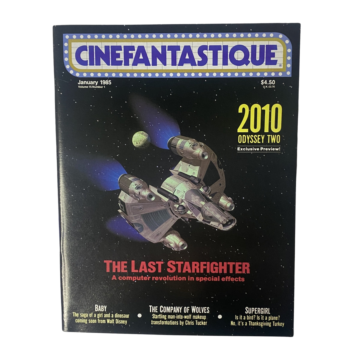 Cinefantastique Magazine cover from January 1985 featuring 'The Last Starfighter', highlighting the theme of a computer revolution in special effects with spaceships and starry background.