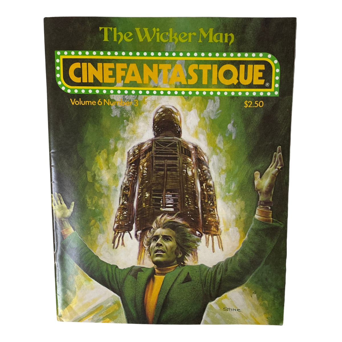 Cinefantastique Magazine featuring 'The Wicker Man' on the cover, Volume 6, Number 3, Winter 1977, showcasing a dramatic illustration of a figure with a wicker man background.