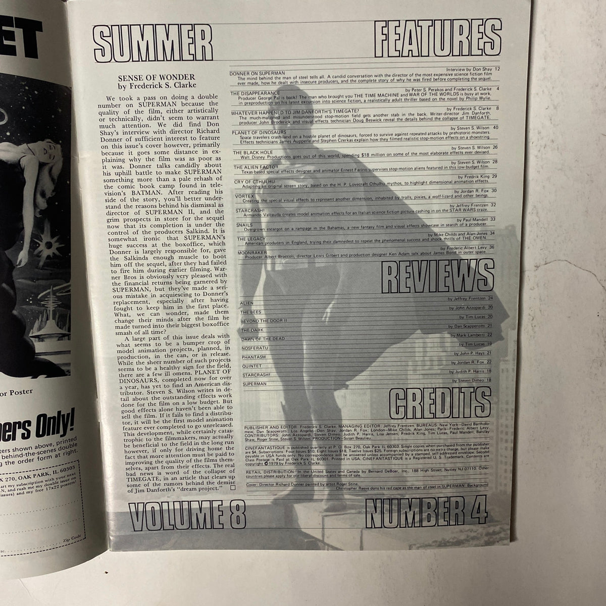 Inside page of Cinefantastique Magazine Summer 1979 Vol 8 No. 4, showcasing features and reviews related to the film industry, including a tribute to Superman.