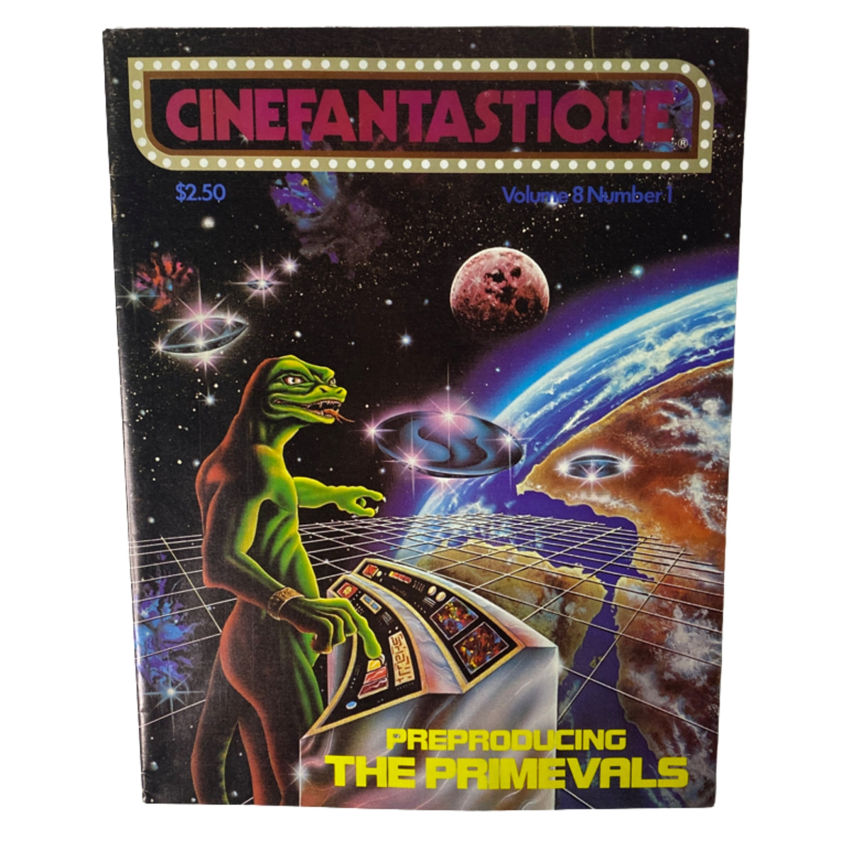 Cover of Cinefantastique Magazine Winter 1978, Vol. 8 No. 1 featuring The Primevals, showcasing a vivid space scene with a green creature at a control panel and cosmic background.