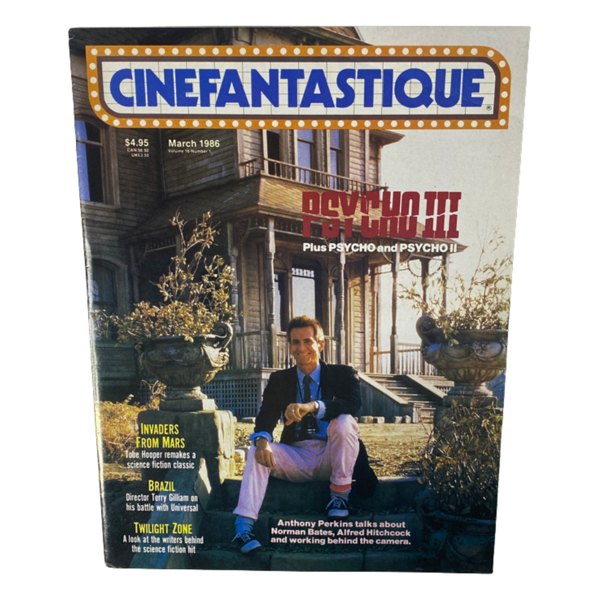 Cinefantastique Magazine March 1986 cover featuring Anthony Perkins and a classic horror theme related to Psycho III.