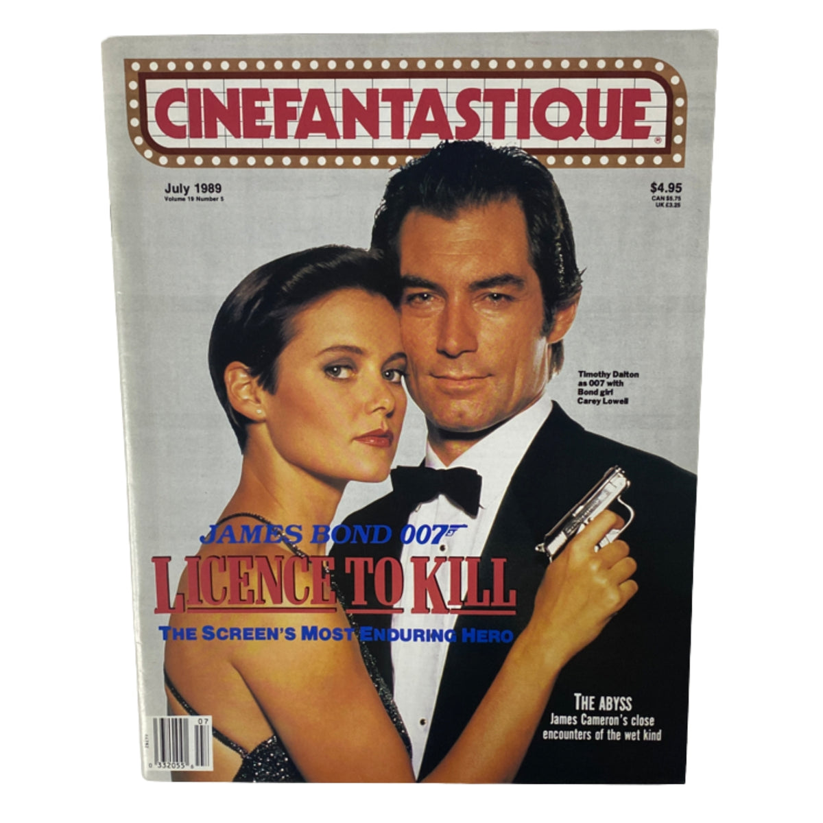 Cinefantastique Magazine July 1989 cover featuring James Bond 007: Licence to Kill with Timothy Dalton and Carey Lowell, showcasing the popular film series.