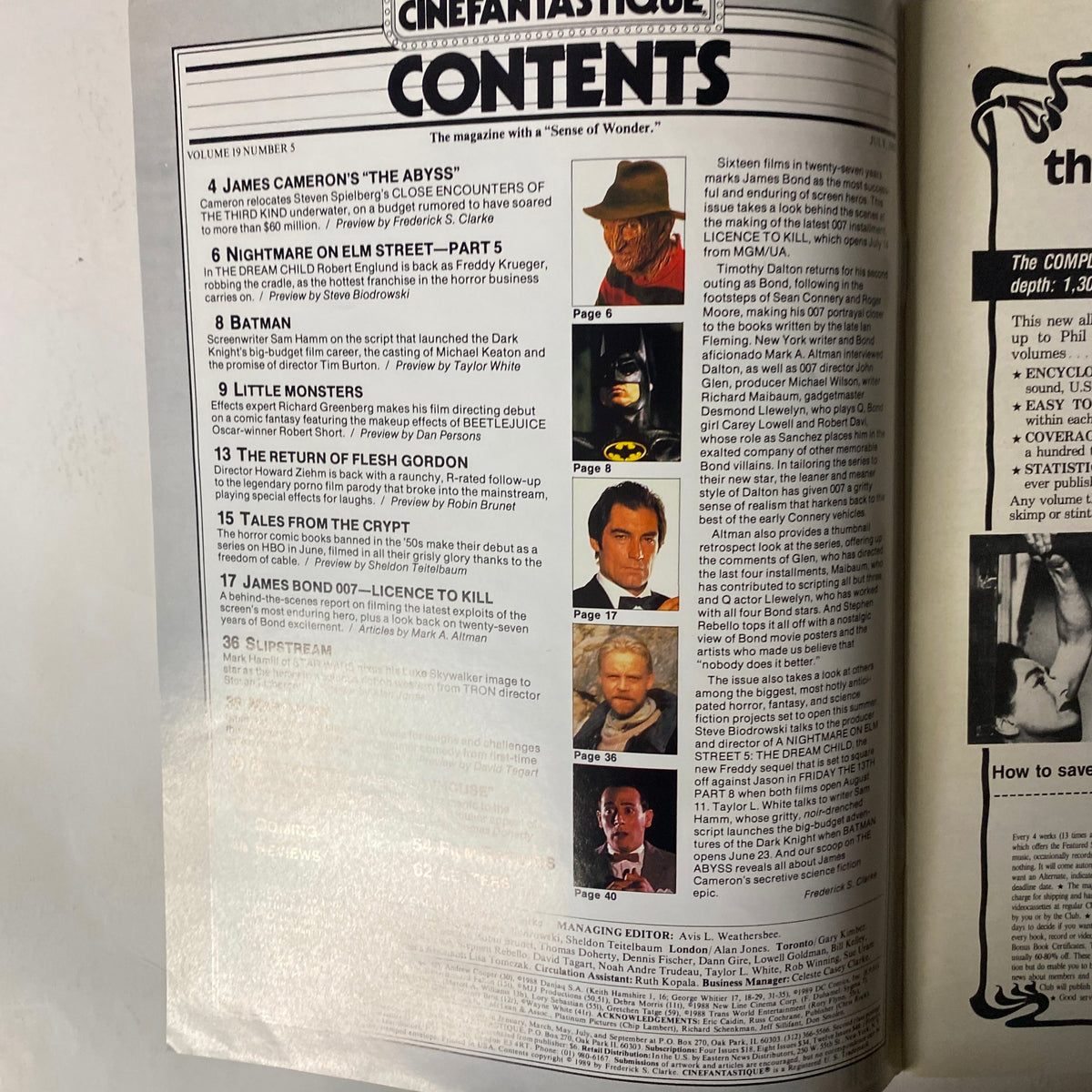 Contents page of Cinefantastique Magazine July 1989 listing features including James Bond 007: Licence to Kill, The Abyss, and more, highlighting key articles in film.