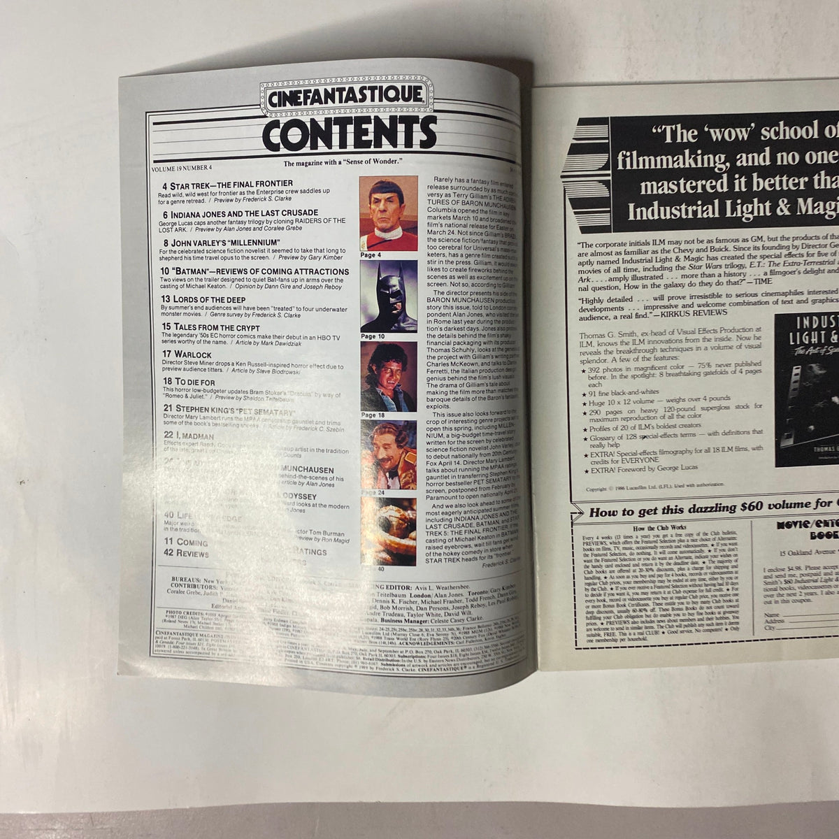 Interior page from Cinefantastique Magazine May 1989 displaying the contents section, highlighting articles on 'Star Trek V: The Final Frontier', 'Indiana Jones & The Last Crusade', and 'Tales from the Crypt'.