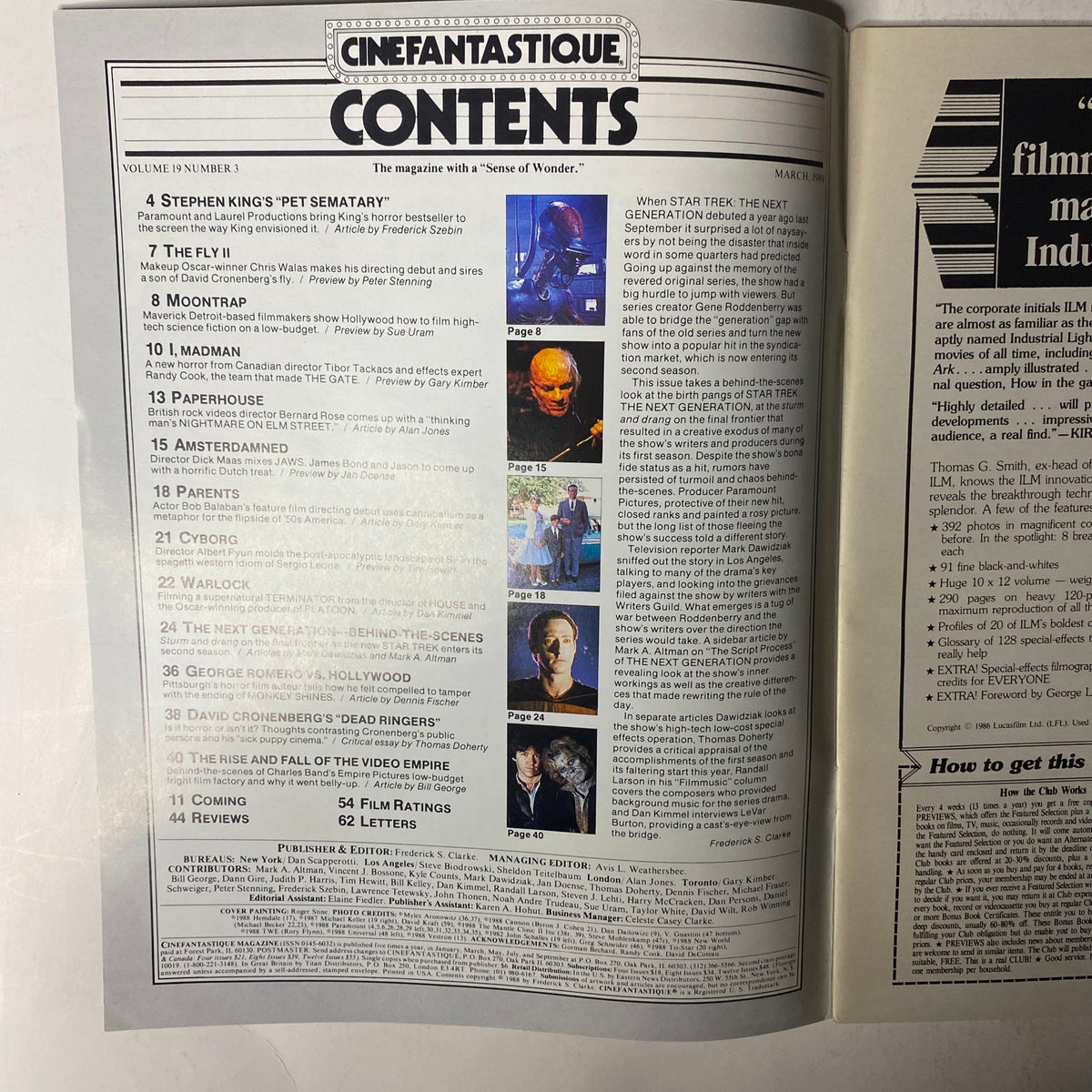 Contents page of Cinefantastique Magazine March 1989 outlining articles including Stephen King’s Pet Sematary, The Fly II, and a behind-the-scenes look at Star Trek: The Next Generation.