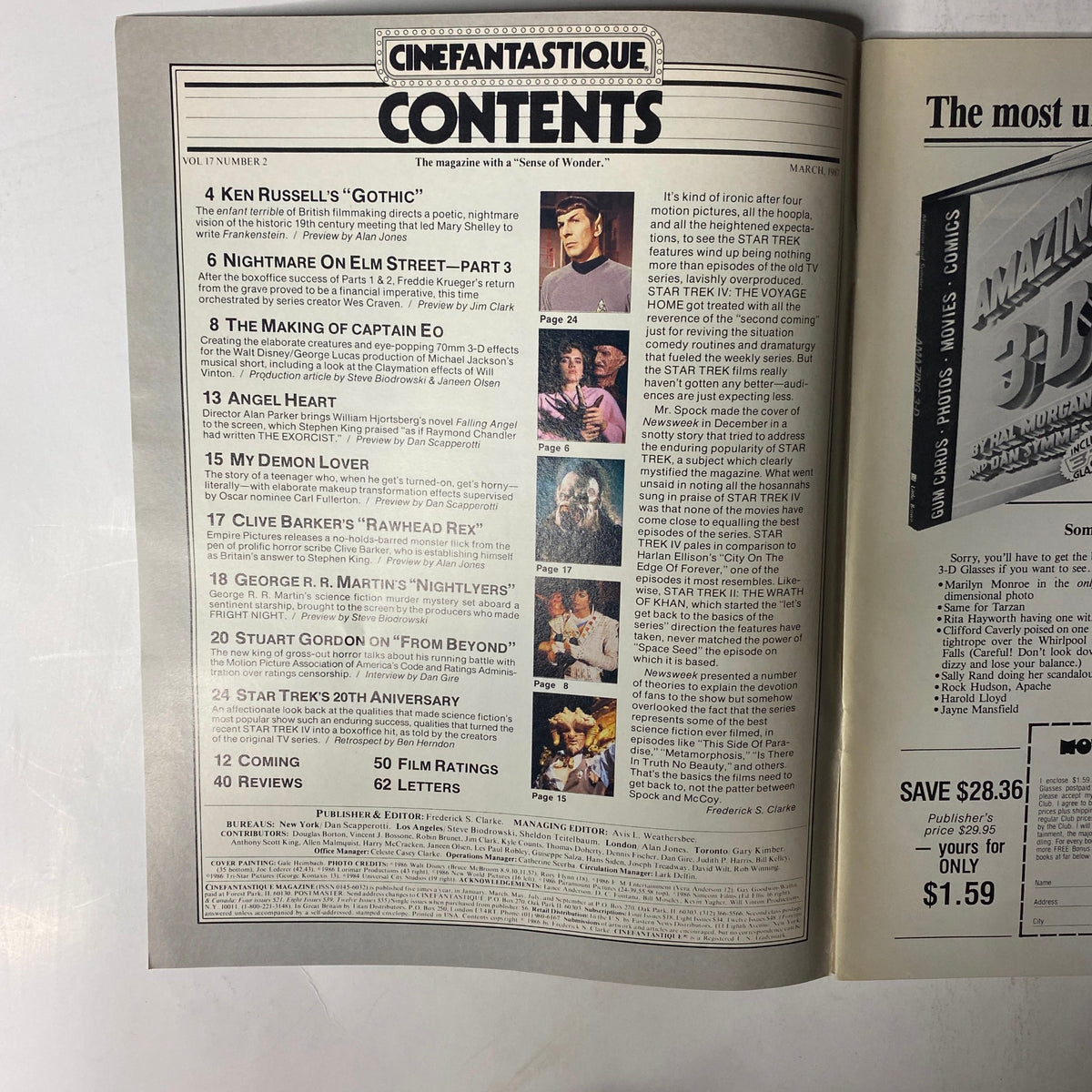 Interior page of Cinefantastique Magazine March 1987 showing the table of contents, including articles on Nightmare on Elm Street Part 3, Angel Heart, and more.