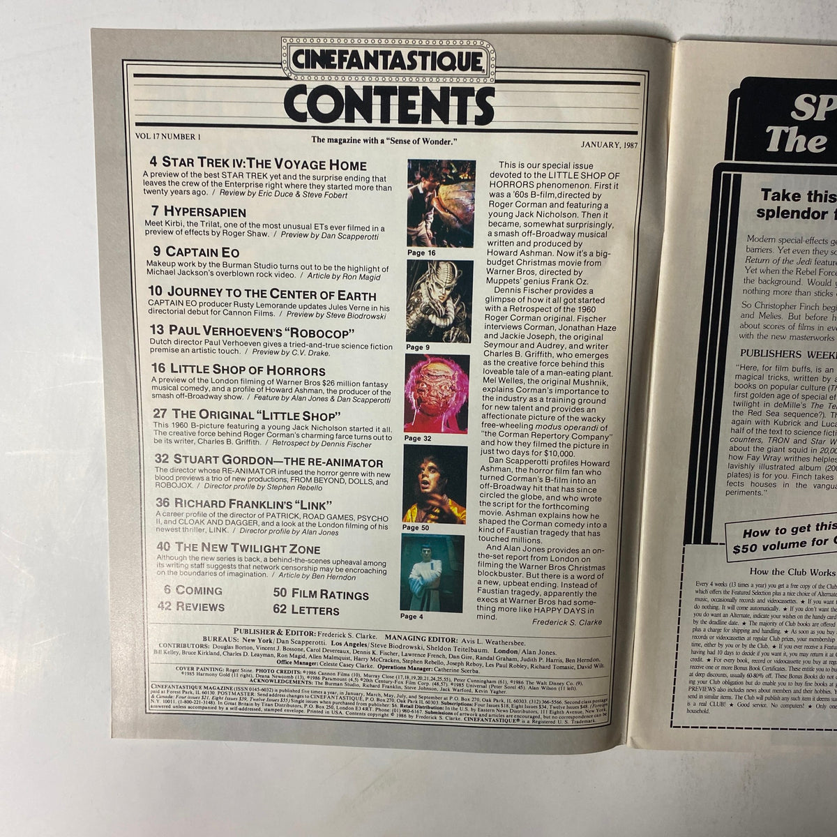 Cinefantastique Magazine January 1987 Contents Page featuring articles on Little Shop of Horrors, Star Trek IV, and more. Ideal for collectors and enthusiasts of genre cinema.