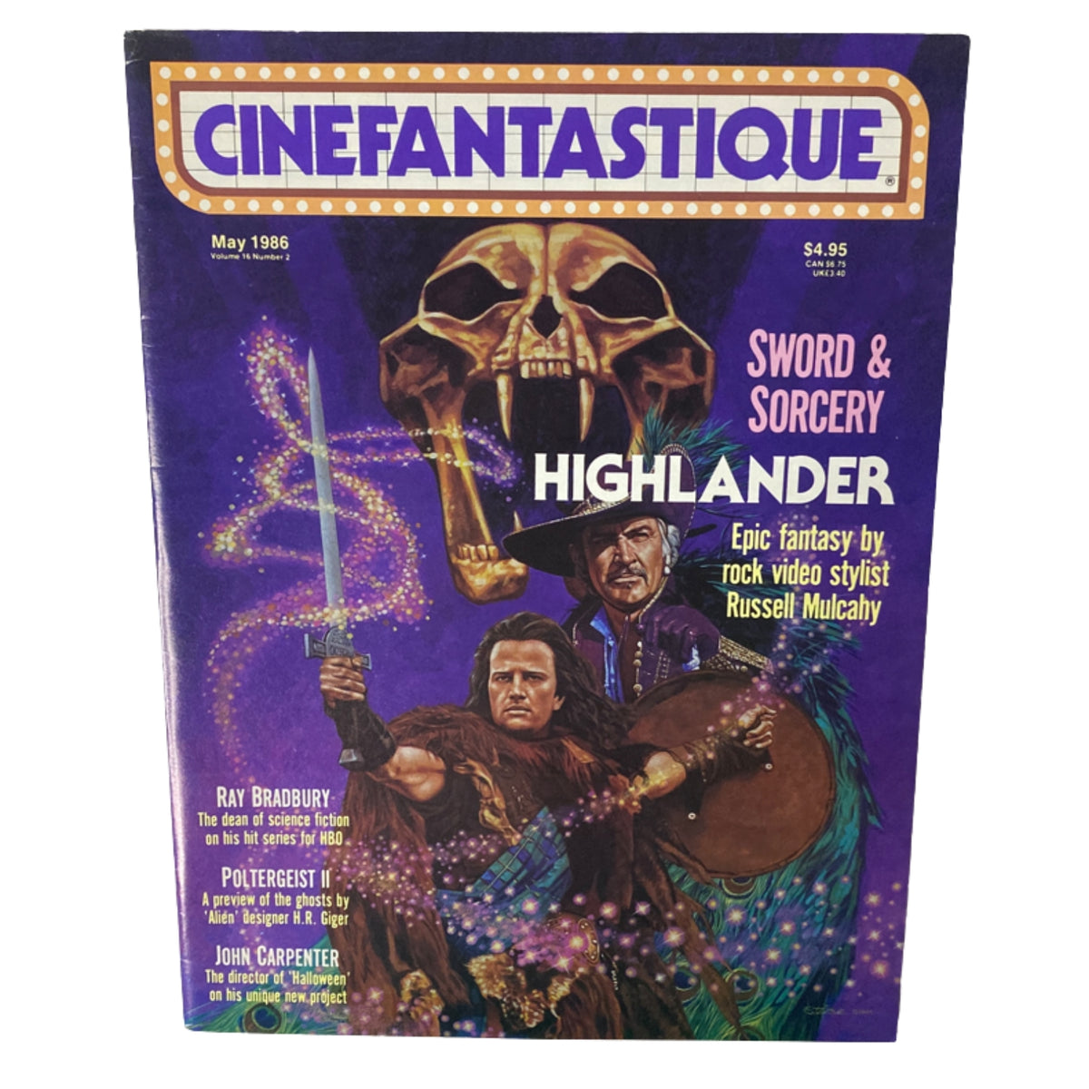 Cinefantastique Magazine May 1986 Vol 16 #2 Sword & Sorcery Highlander cover featuring iconic fantasy elements and characters, highlighting epic themes.