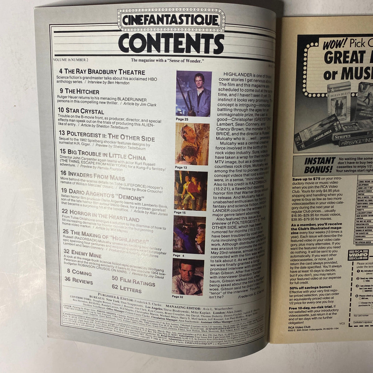 Inside page of Cinefantastique Magazine May 1986 Vol 16 #2 featuring the table of contents, showcasing articles on Highlander and other sci-fi, horror, and fantasy themes.