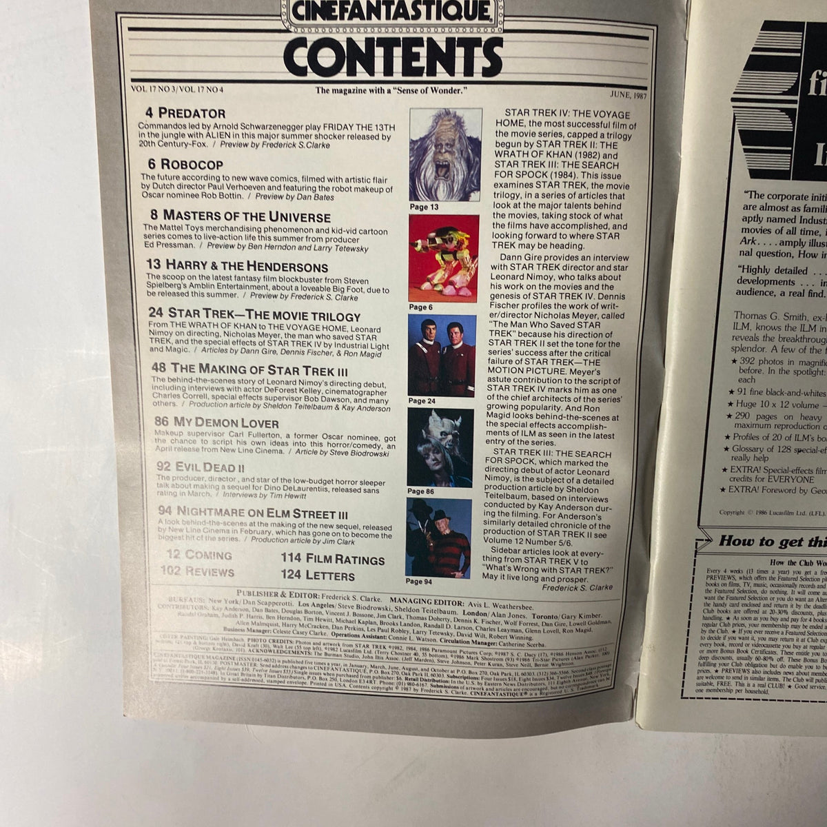 Table of contents page from Cinefantastique Magazine June 1987 Vol 17 No. 3 listing articles on Star Trek: The Movie Trilogy, RoboCop, Masters of the Universe, and more.