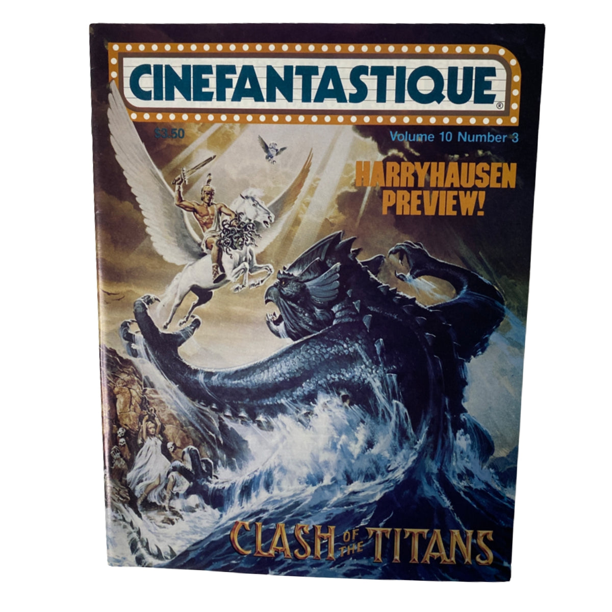 Cinefantastique Magazine Winter 1980 featuring Clash of the Titans on the cover with artwork depicting mythological creatures and characters, showcasing a preview of Ray Harryhausen's work.