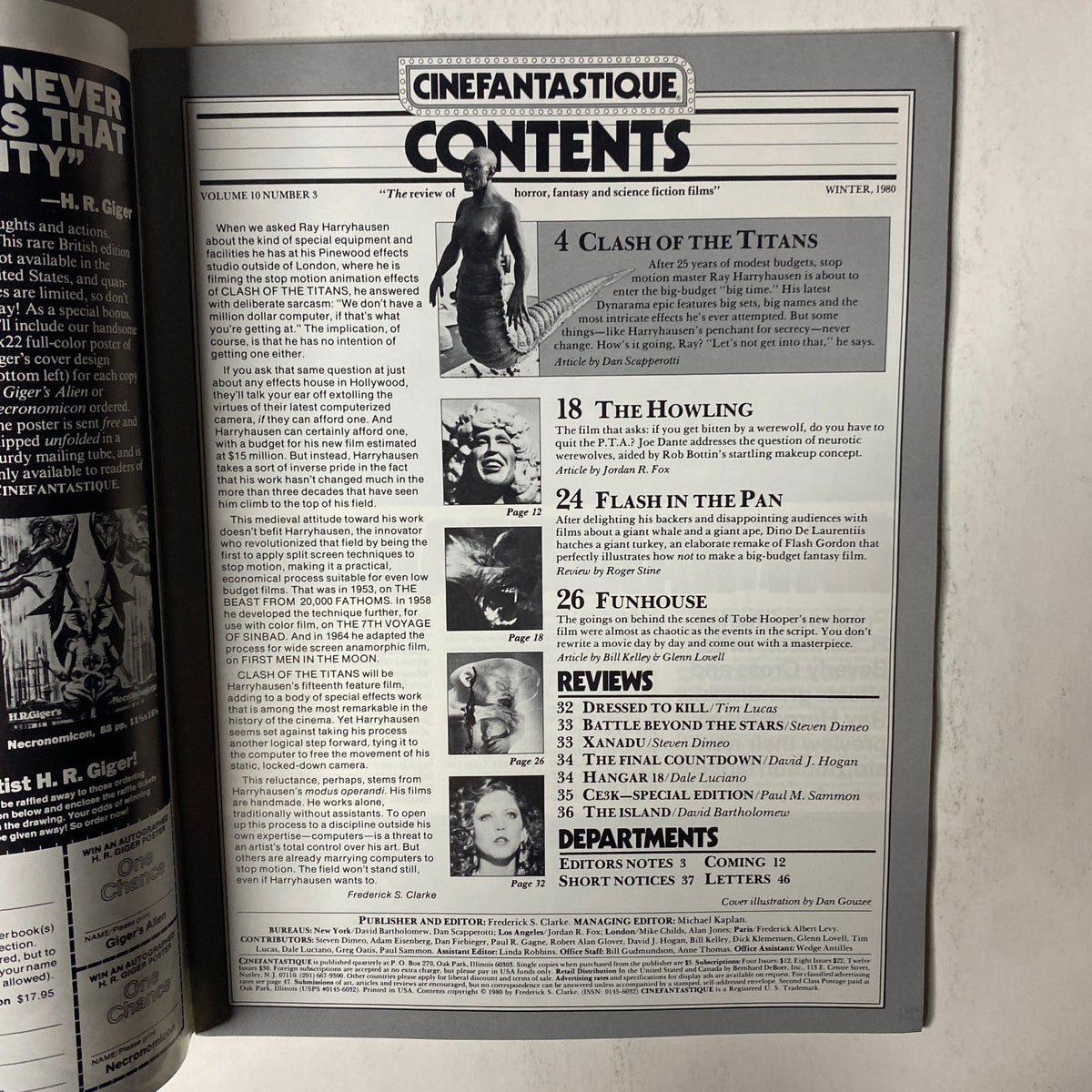 Inside view of Cinefantastique Magazine Winter 1980, highlighting the table of contents including articles on Clash of the Titans, The Howling, and other notable film reviews.