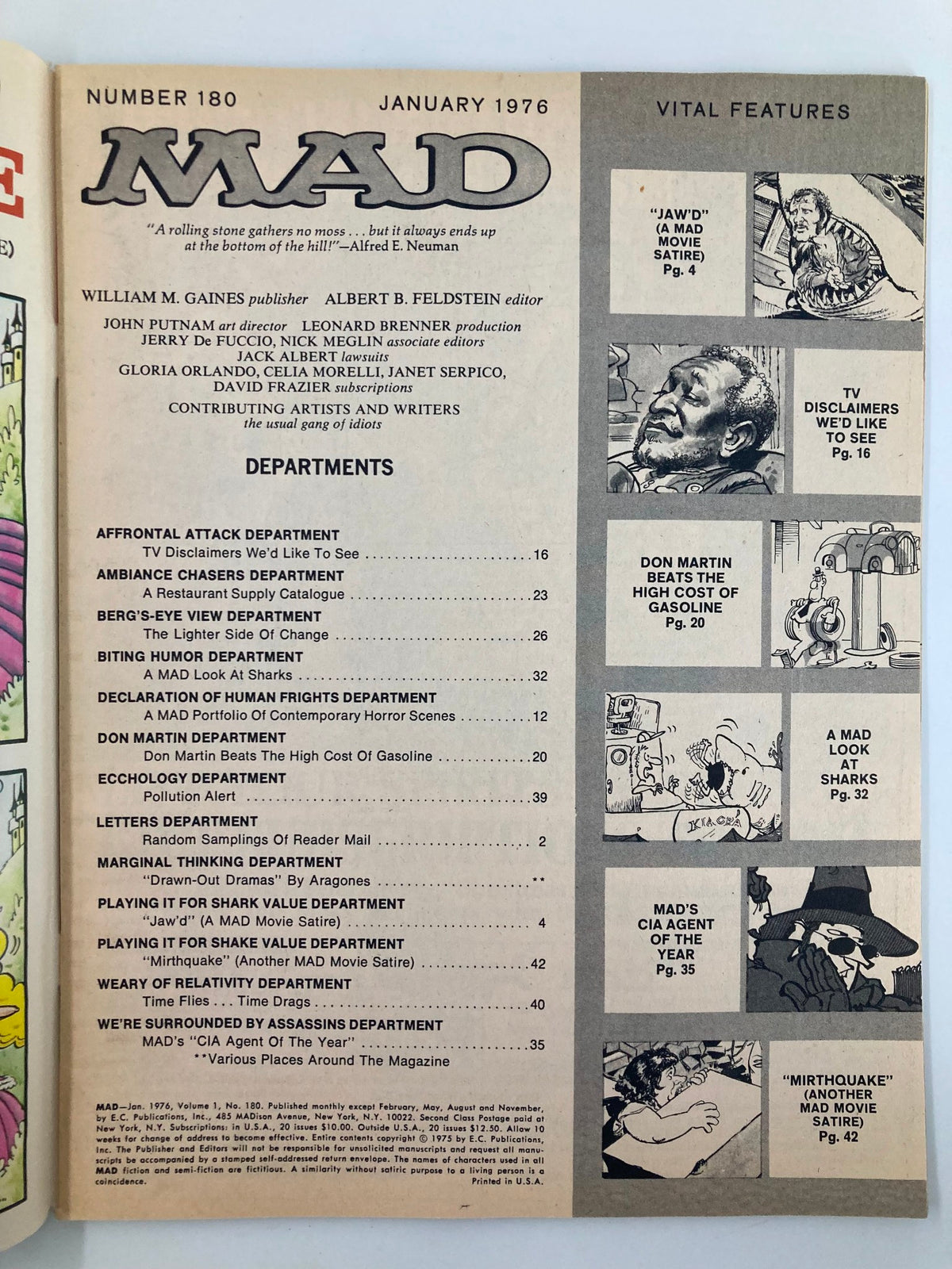 Interior page of Mad Magazine January 1976 No. 180 featuring sections and departments, highlighting parodies including 'JAWD' and 'MIRTHQUAKE.' A significant collectible in pop culture.