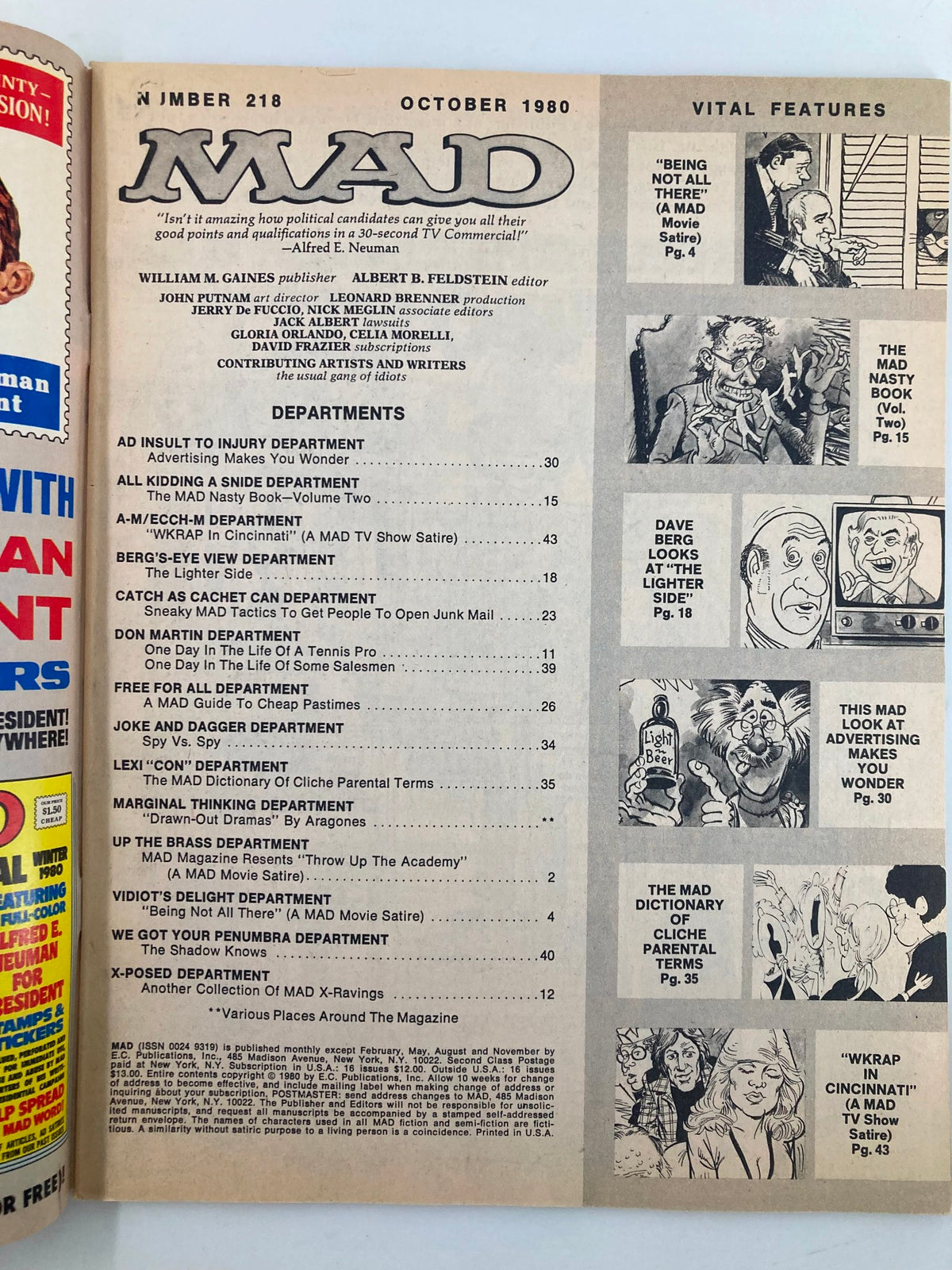 Table of contents page of Mad Magazine October 1980 No. 218 listing various humorous articles and departments for the issue.