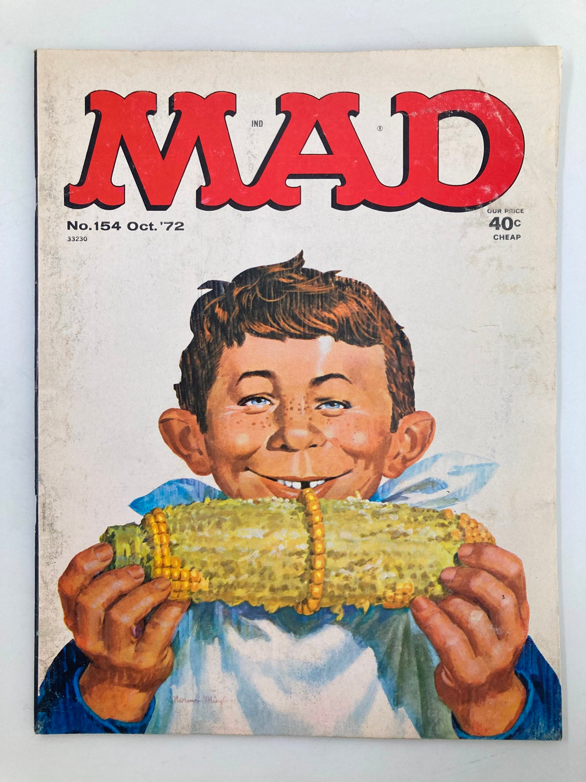 Cover of Mad Magazine, October 1972, Issue No. 154 featuring a boy with a corn cob, illustrating the whimsical theme of 'Ecology Mother Goose'.