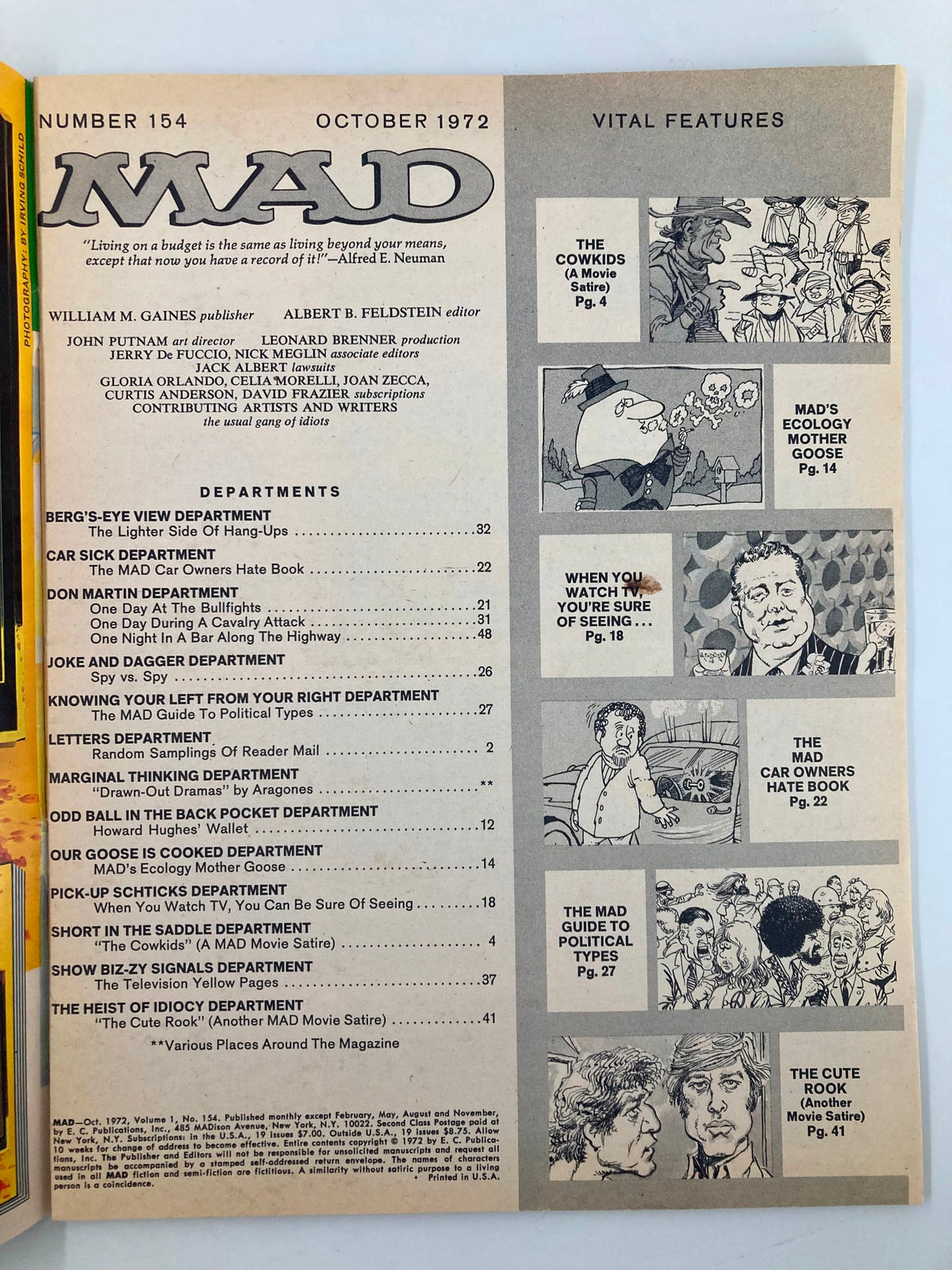 Table of contents page from Mad Magazine, October 1972, Issue No. 154, listing various departments and features including 'MAD's Ecology Mother Goose'.