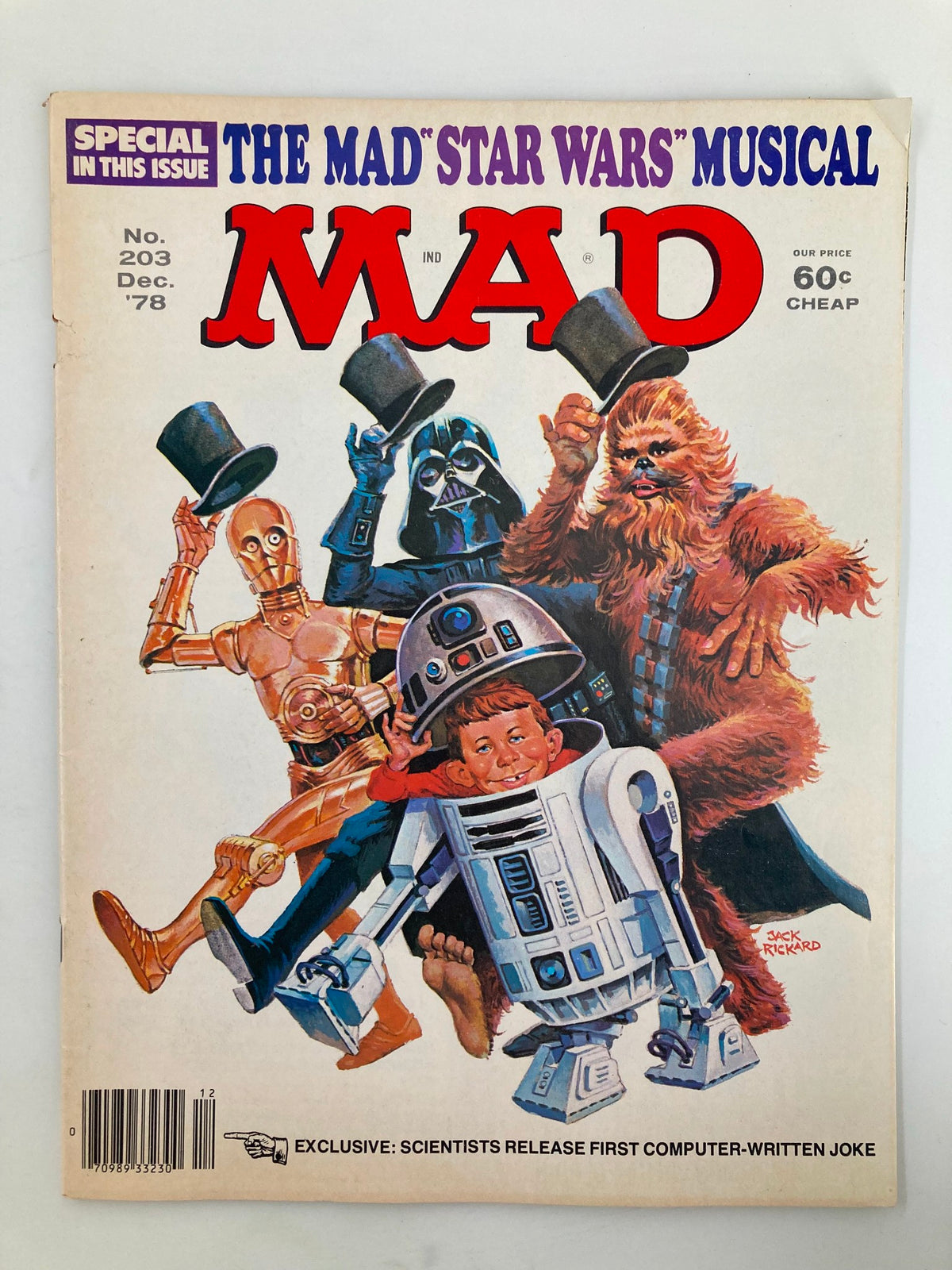 Cover of Mad Magazine December 1978 No. 203 featuring characters from Star Wars in a musical theme, including figures resembling C-3PO, Darth Vader, Chewbacca, and a child character, all depicted in humorous attire.