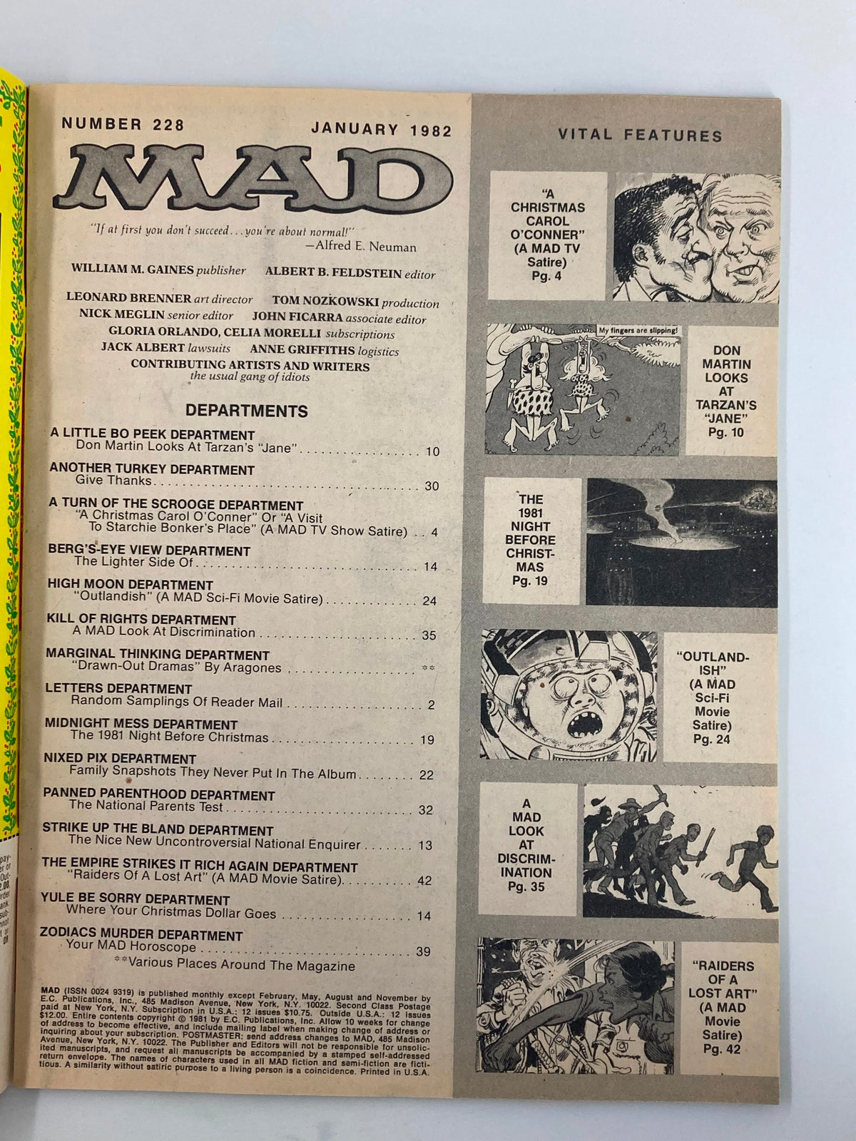 Inside page of Mad Magazine January 1982 No. 228 featuring the table of contents highlighting various sections and satirical features. The layout includes details from the magazine's January 1982 issue.