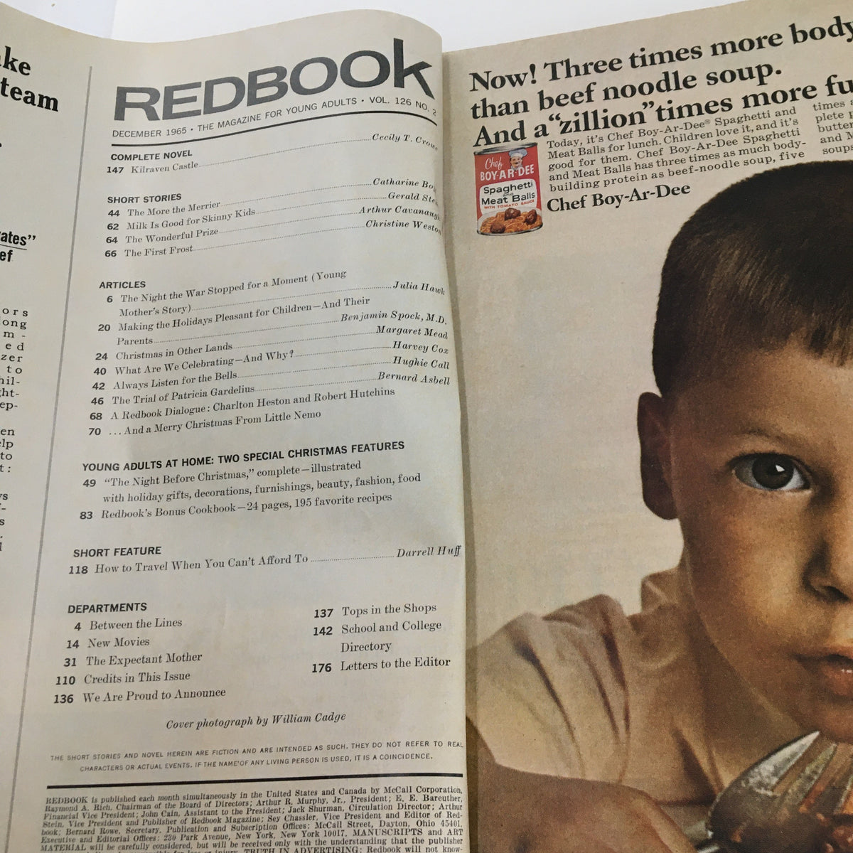 Interior page of Redbook Magazine December 1965 displaying the table of contents, showcasing articles including Dr. Spock's insights on child-rearing.