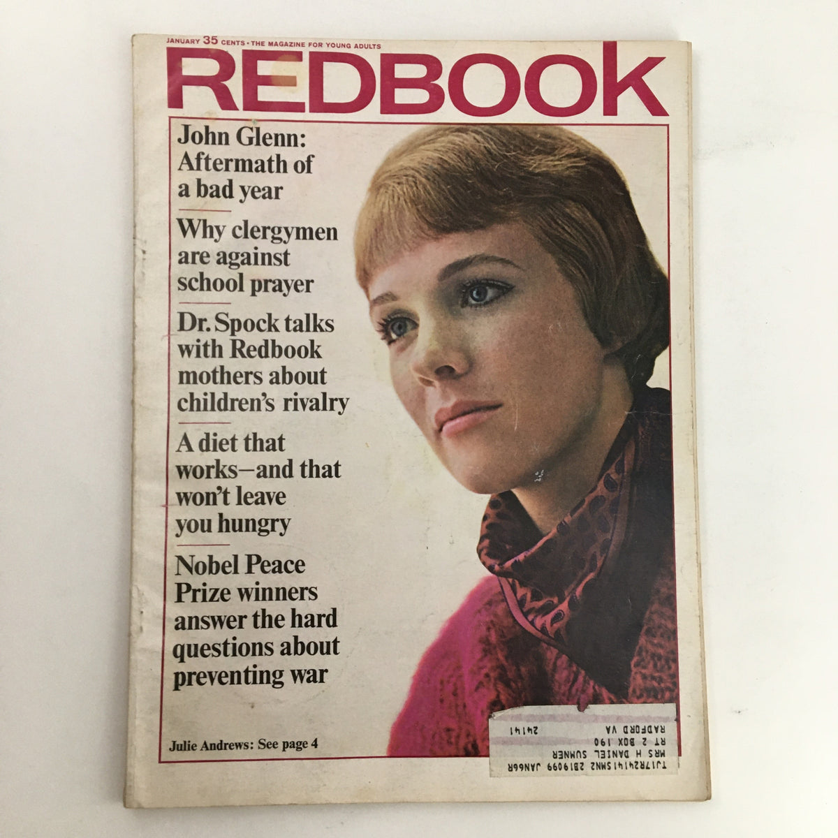 Cover of Redbook Magazine January 1965 featuring a young woman, highlights articles on various topics including John Glenn and Dr. Spock discussing motherhood, titled 'The High Cost of Playing Young Mother's Story'.