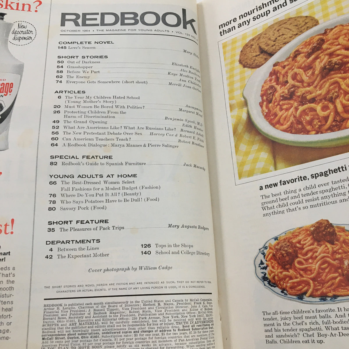 Inside contents page of Redbook Magazine October 1964 featuring table of contents list, articles, and stories including a piece by Pierre Salinger and Marya Mannes discussing JFK.