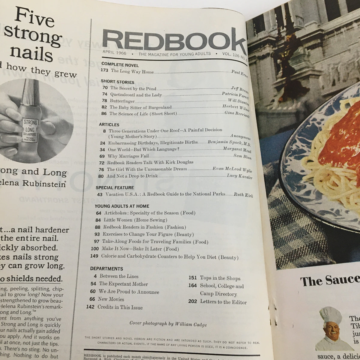 Interior page of Redbook Magazine April 1966 displaying the table of contents, including the article where Redbook readers talk with Kirk Douglas.