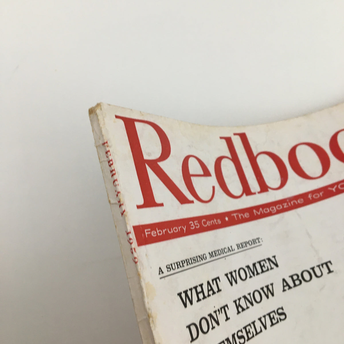 Close-up of the top of the Redbook Magazine February 1959, highlighting the title and date.
