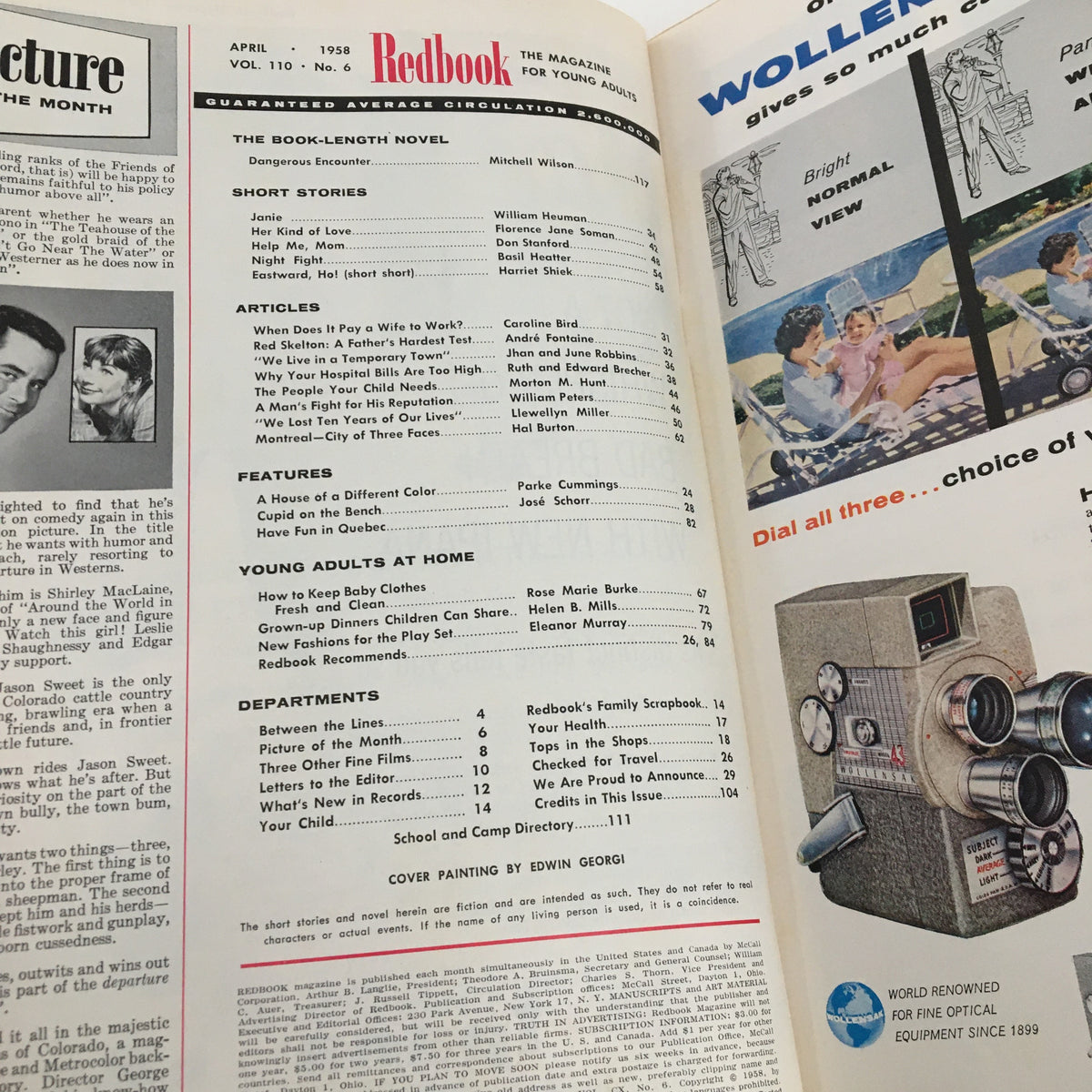 Interior page of Redbook Magazine April 1958 displaying the table of contents with various short stories, articles, and features, reflecting the theme of young adult literature.