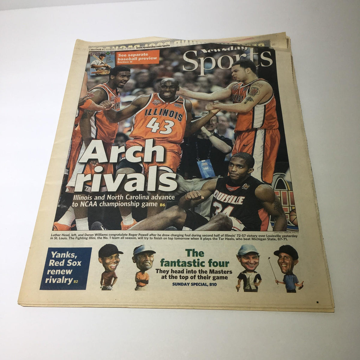 Newsday Sports: April 3 2005 Arch Rivals; newspaper front page featuring Illinois basketball players celebrating NCAA championship game advancement.