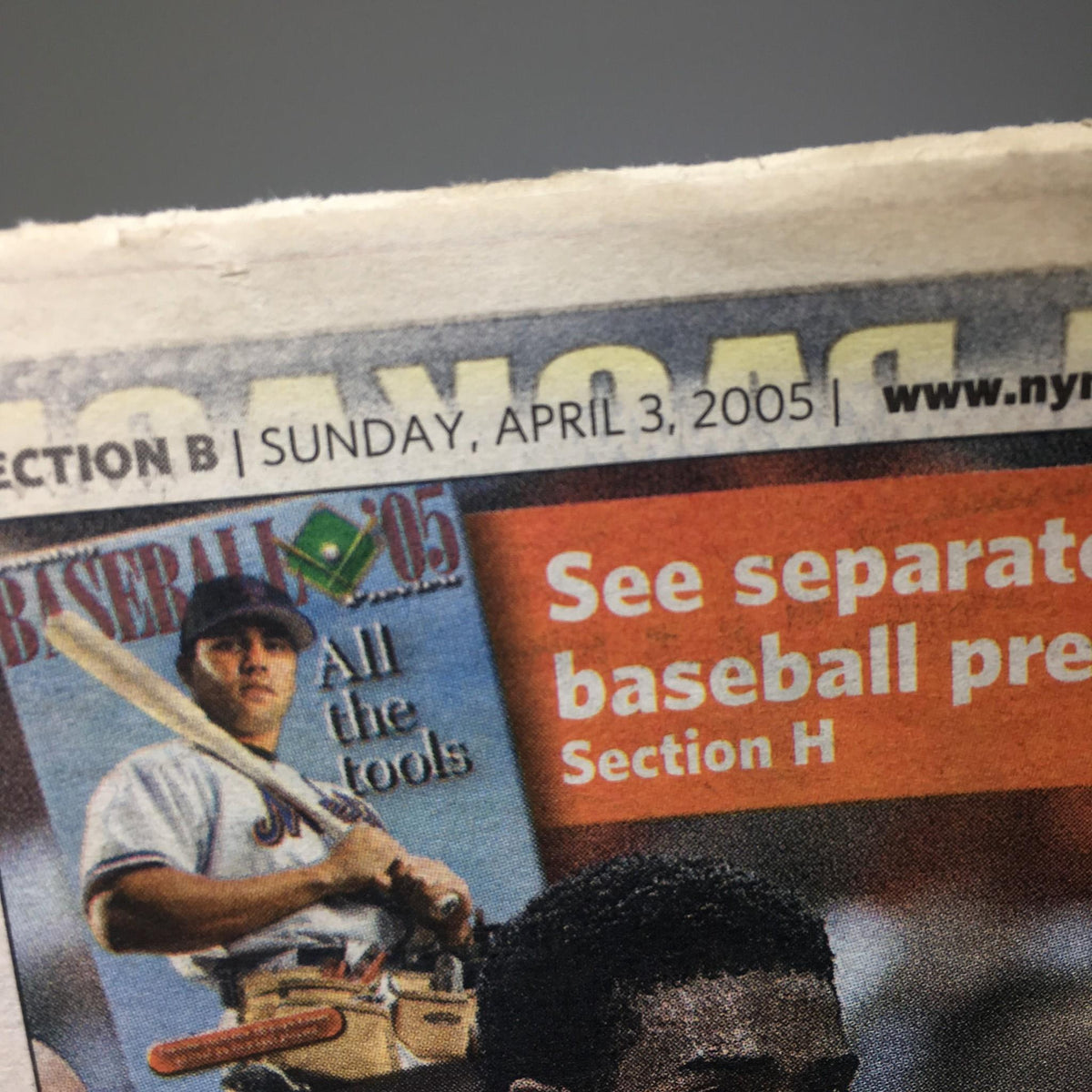 Newsday Sports: April 3 2005 image featuring a baseball player holding a bat, promoting baseball with the tagline 'All the tools'.