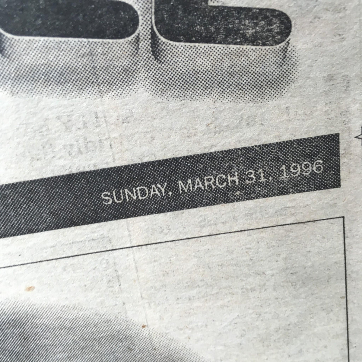 Close-up of the NY Daily News headline dated Sunday, March 31, 1996, featuring the title 'NY Daily News: March 31 1996 Baseball 1996 Arms Race'.