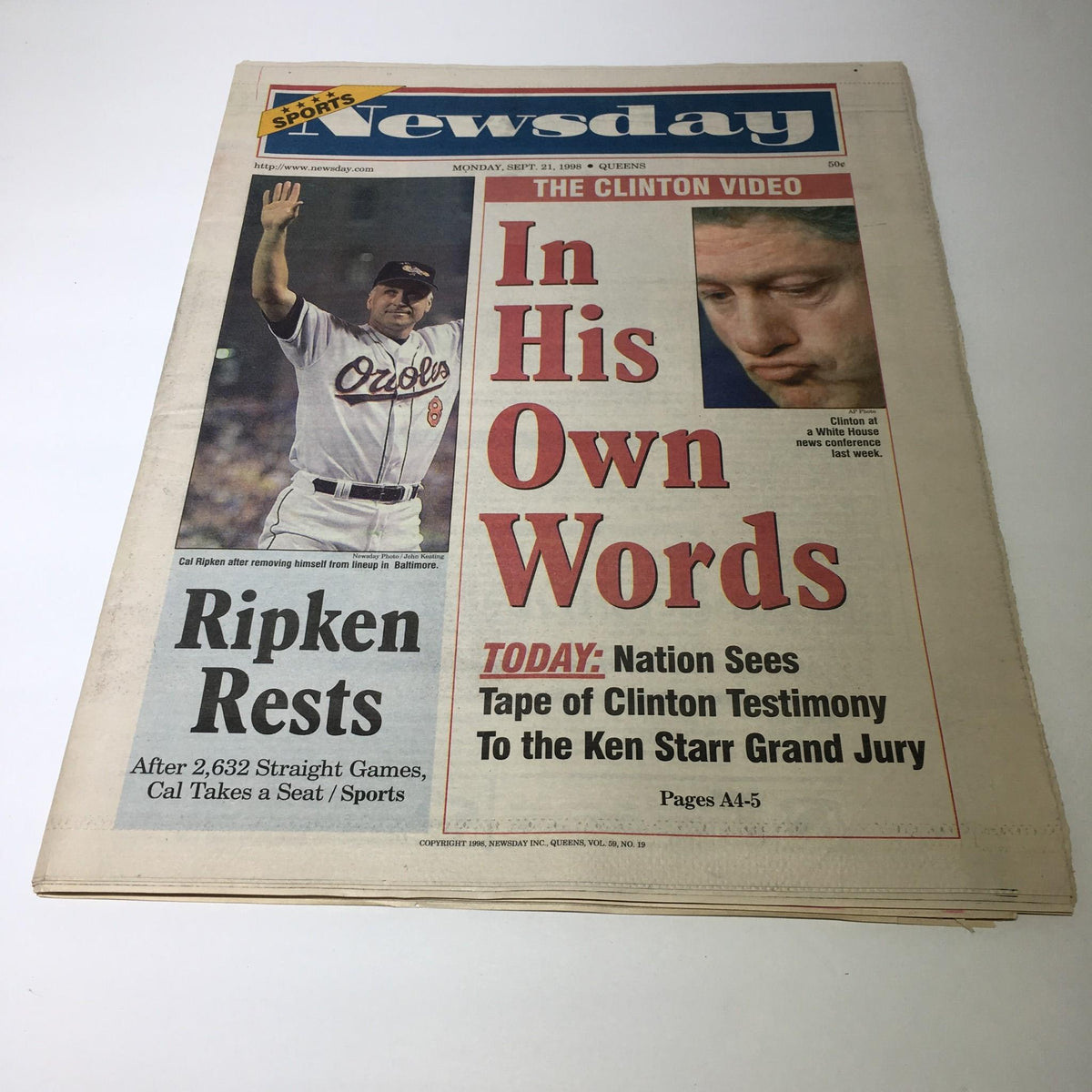 Newsday newspaper from September 21, 1998, featuring 'In His Own Words' with highlights on Bill Clinton and Cal Ripken Jr.'s streak.