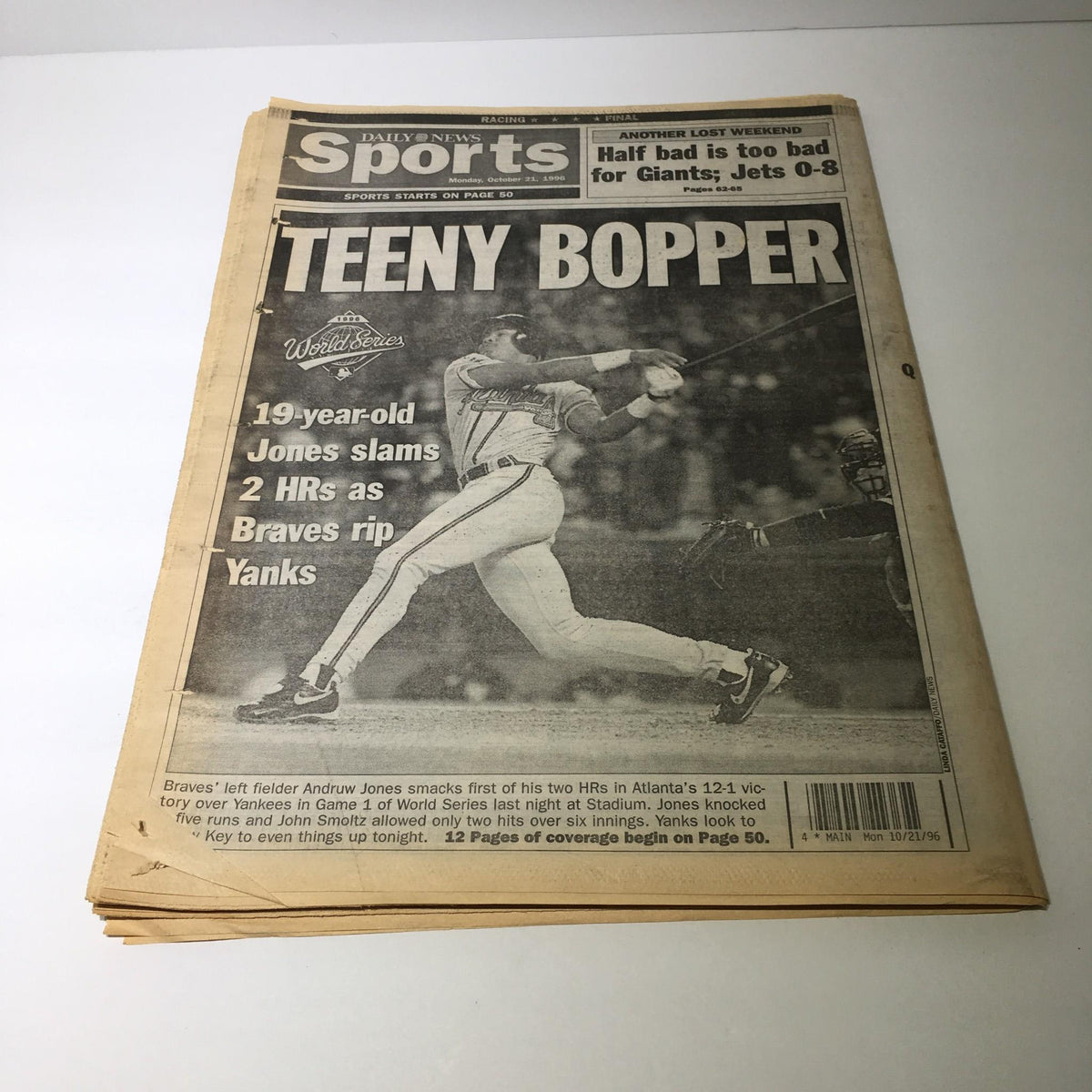 Front page of the NY Daily News featuring the 'Teeny Bopper' headline about Andrew Jones, displaying the vintage newspaper style.