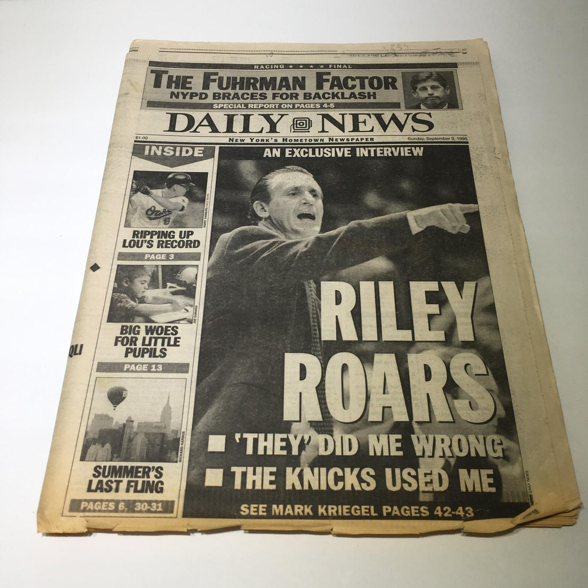 NY Daily News front cover from September 3, 1995 featuring the headline 'Riley Roars' and an exclusive interview, showcasing a speaker passionately expressing his views.