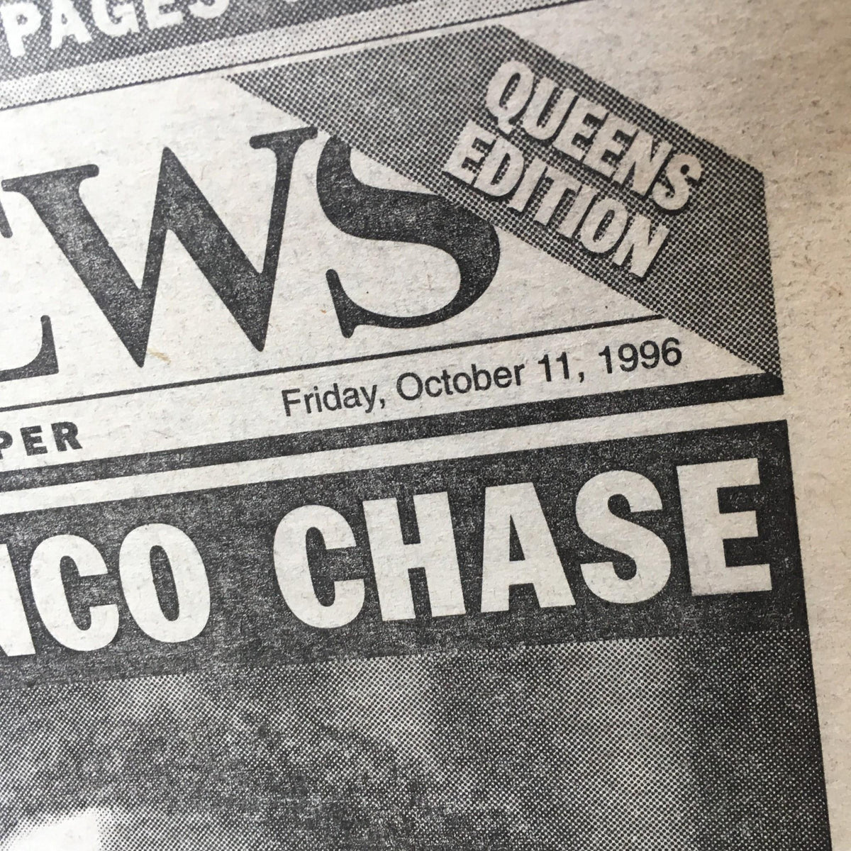 Close-up of the NY Daily News header dated October 11, 1996, discussing a suicide try in the Bronco chase.
