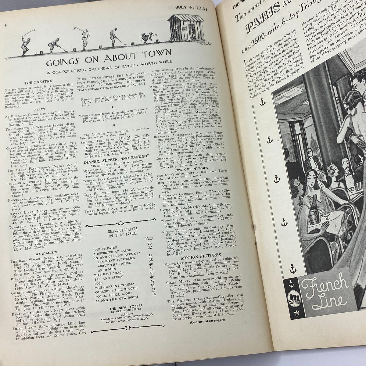 Interior page of The New Yorker magazine, July 4, 1931, featuring 'Goings on About Town' calendar with events, plays, and dining options. A glimpse into the cultural context of the era.