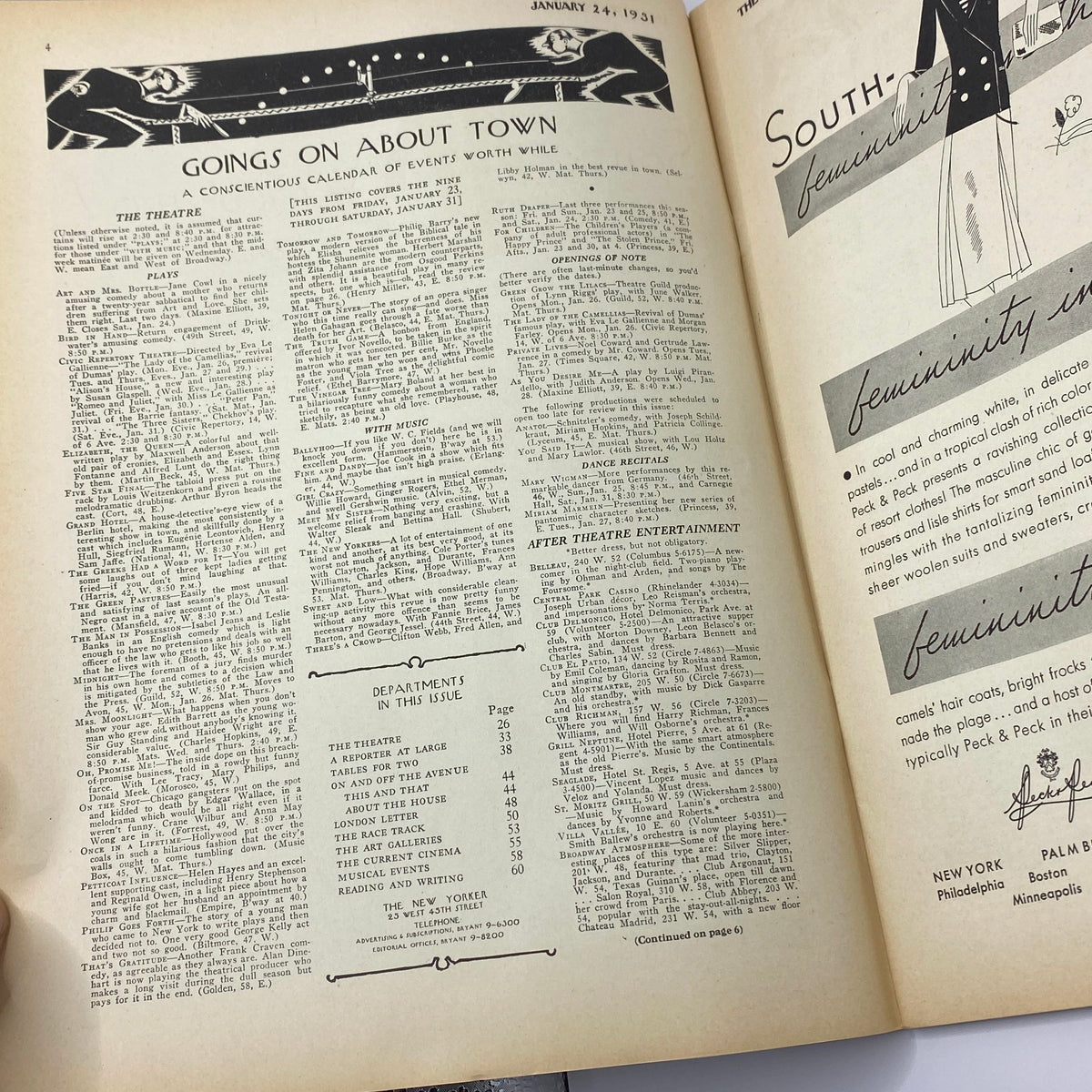 Inside page of The New Yorker magazine from January 24, 1931, showcasing the section 'Goings On About Town', featuring a calendar of events and entertainment listings, part of the vintage magazine titled 'The New Yorker Complete Magazine January 24, 1931'.