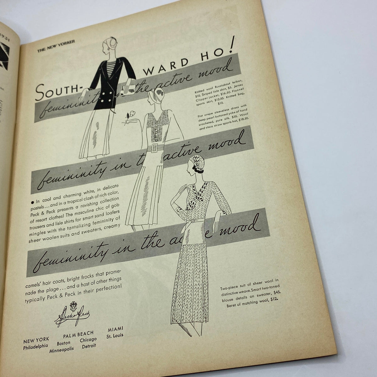 The New Yorker Complete Magazine January 24, 1931, featuring a vintage advertisement with illustrations of women's fashion, highlighting the femininity in the active mood, showcased in a stylish layout.