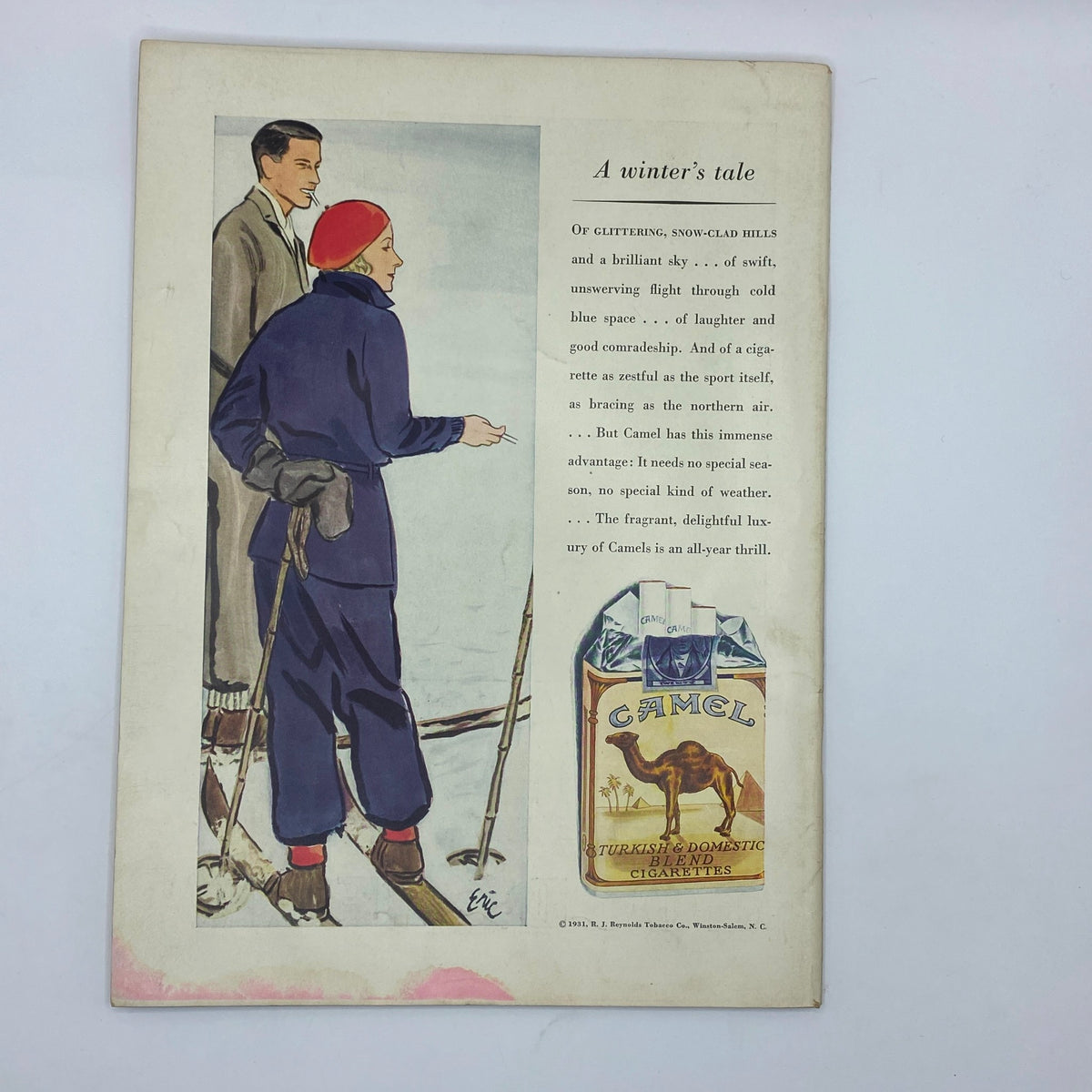 The New Yorker Complete Magazine January 24, 1931, displaying an artistic illustration related to winter, featuring two figures skiing and promoting Camel cigarettes, accentuating the magazine's blend of art and advertising.