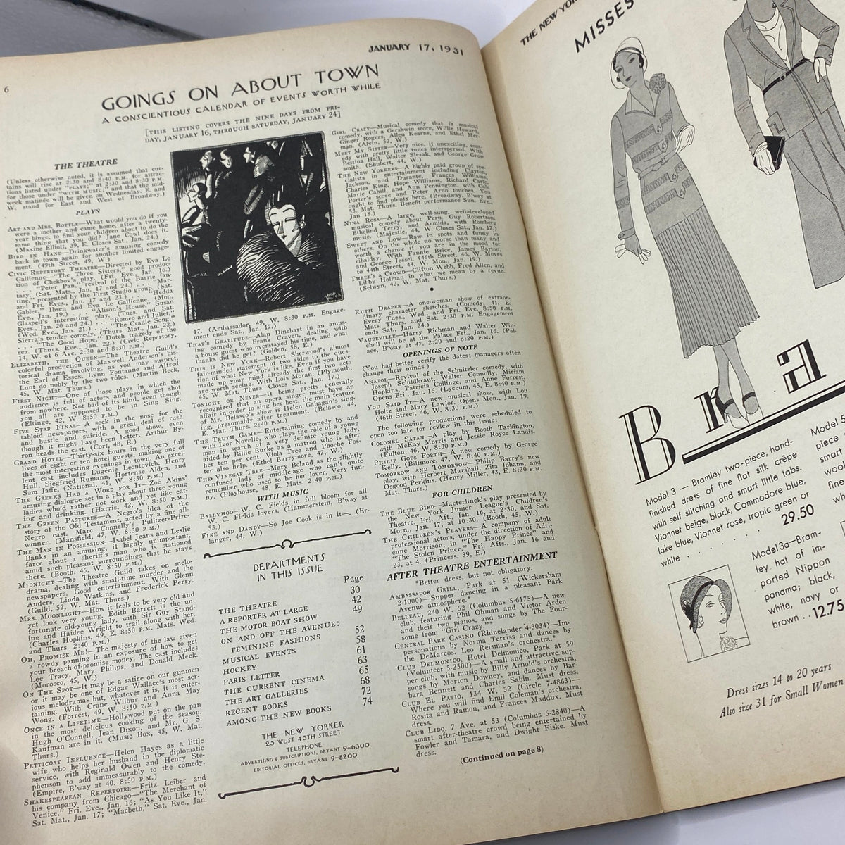 Vintage magazine page from The New Yorker, January 17, 1931, showcasing 'Goings On About Town' calendar of events with a dramatic illustration.