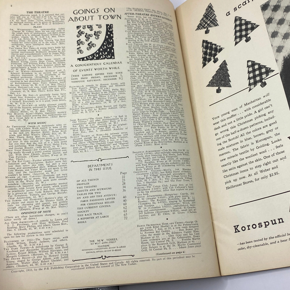 Inside pages from The New Yorker Complete Magazine December 2, 1933, showcasing a calendar of events and advertisements, highlighting the magazine's historical significance.